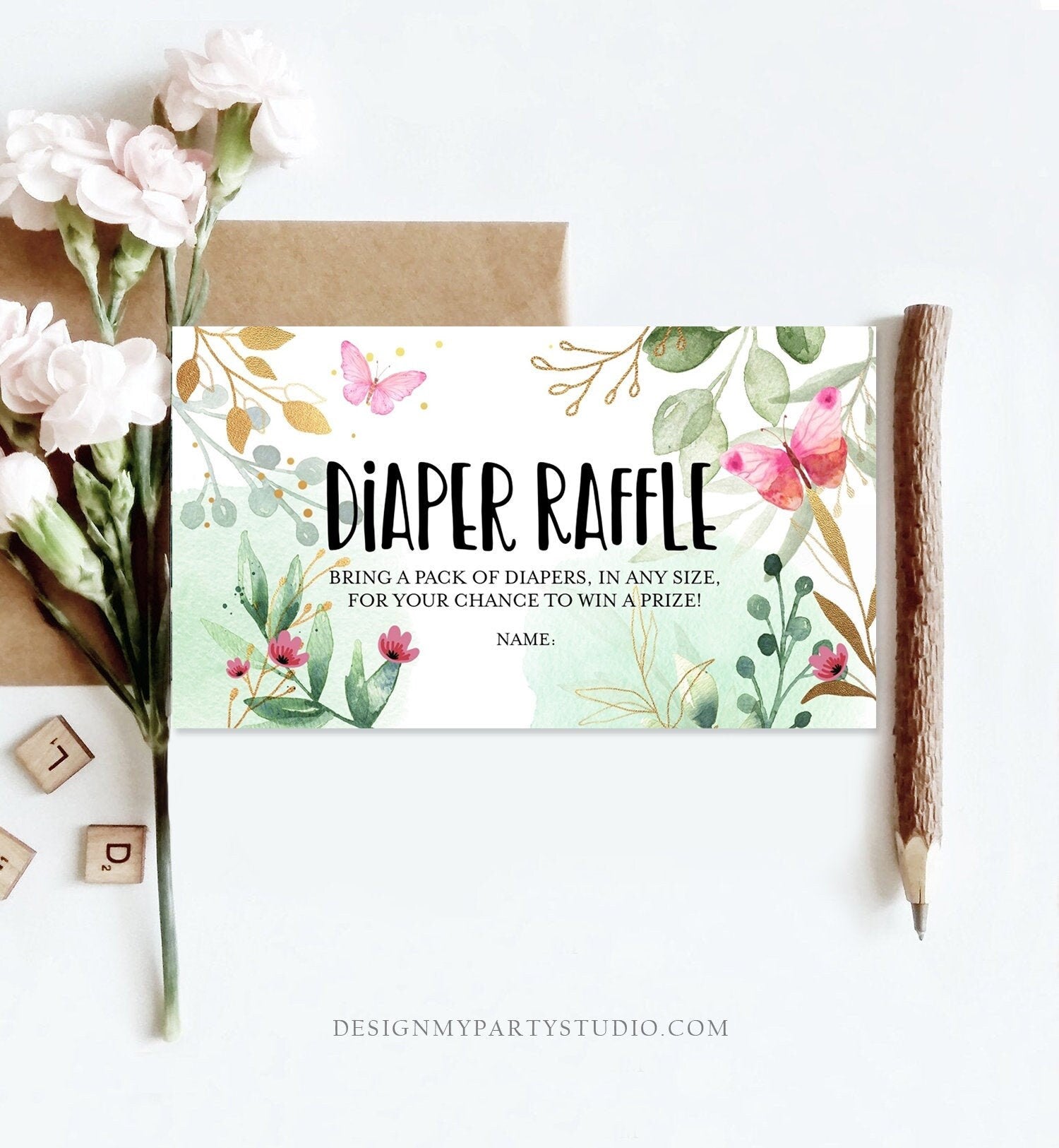 Editable Diaper Raffle Ticket Butterfly Baby Shower Greenery Floral Pink and Gold Diaper Game Garden Tea Corjl Template Printable 0170