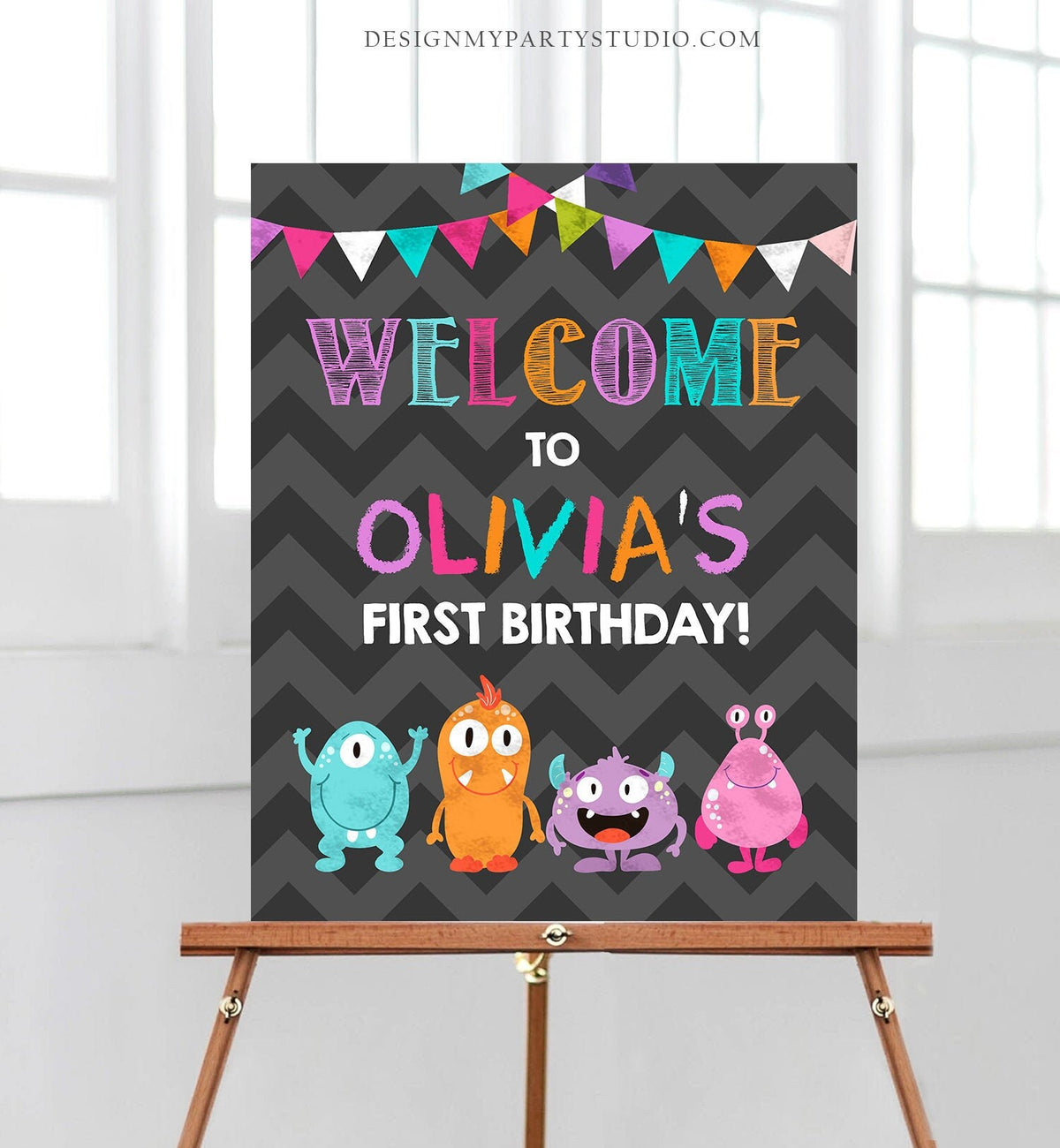 Editable Welcome Sign Monster Birthday Party Girl Monster Bash Pink Purple Little Monster Decor Download Template Printable Corjl 0058