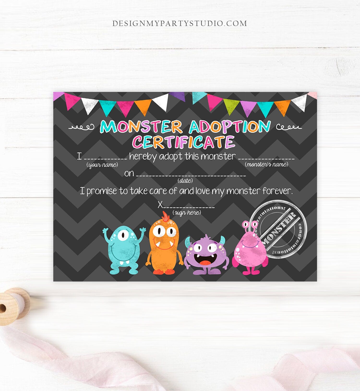 Adopt a Monster Certificate Girl Monster Birthday Monster Adoption Certificate Monster Decor Instant download PRINTABLE Digital DIY 0058