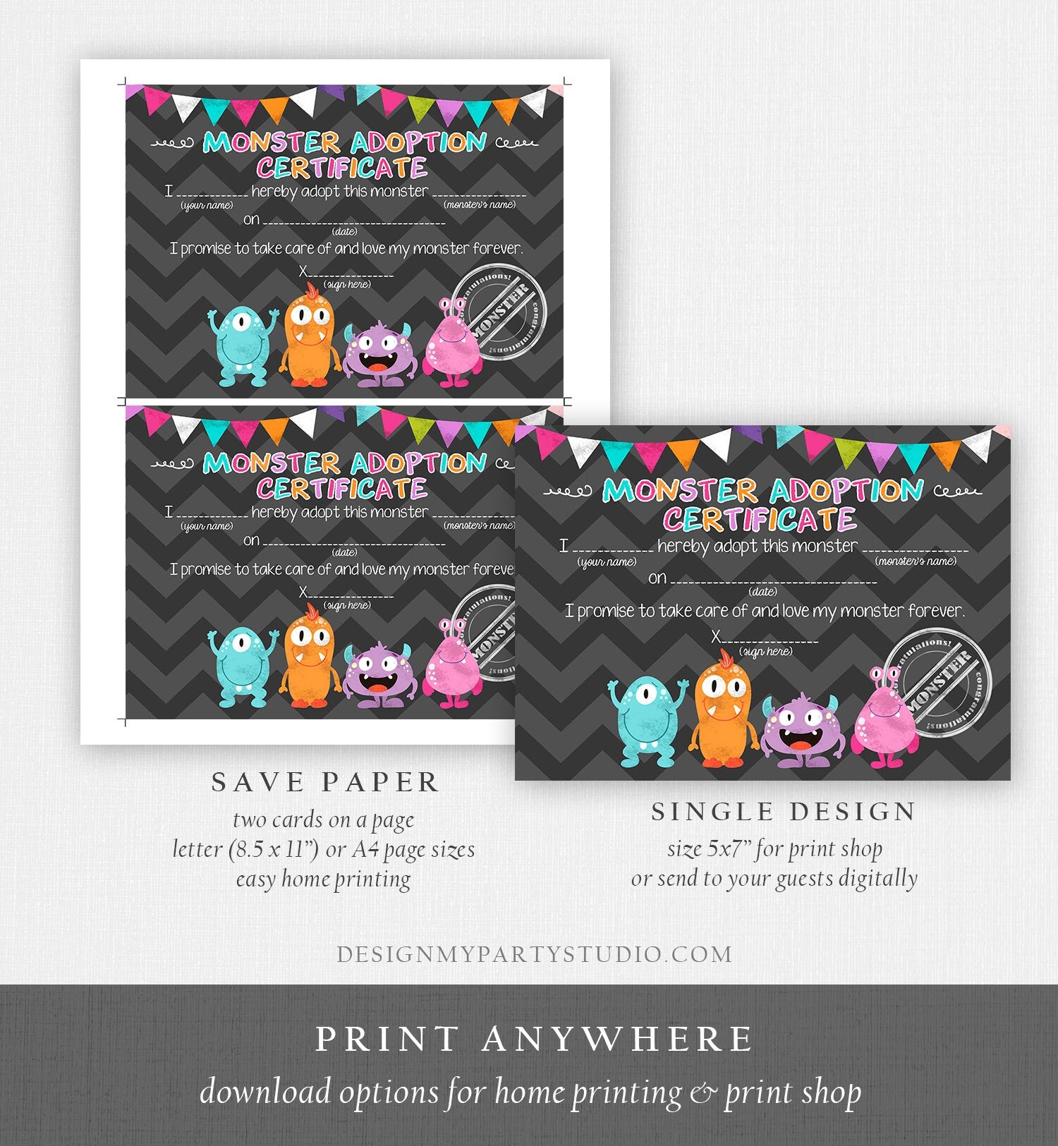 Adopt a Monster Certificate Girl Monster Birthday Monster Adoption Certificate Monster Decor Instant download PRINTABLE Digital DIY 0058