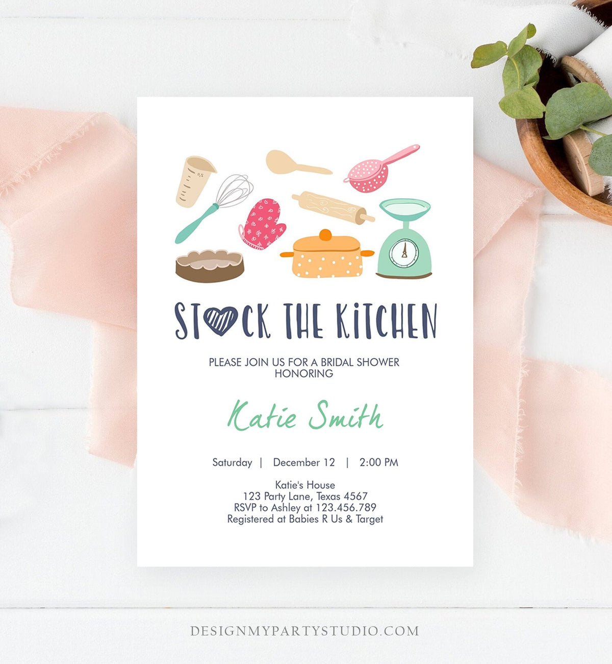 Editable Stock the Kitchen Bridal Shower Invitation Cooking Kitchen Shower Pink Invite Pots and Pans Download Printable Template Corjl 0219