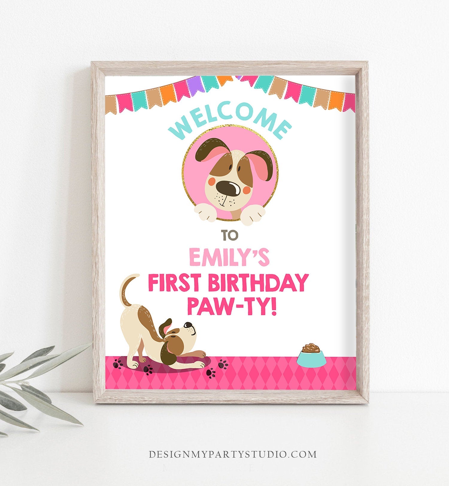 Editable Puppy Welcome Sign Dog Birthday Girl Pink Dog Party Welcome Pawty Puppy Party Dog Theme Birthday Template PRINTABLE Corjl 0048