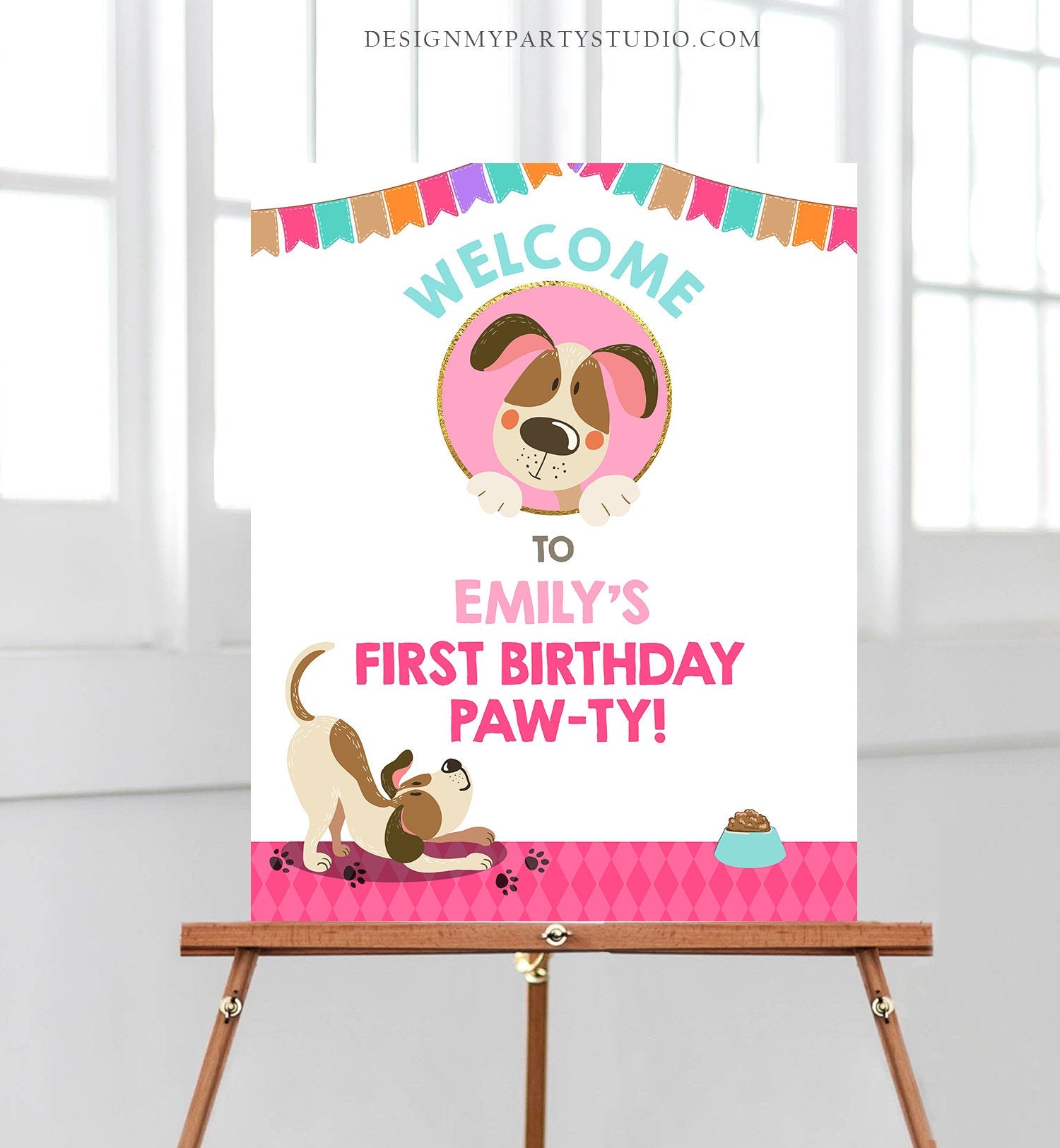 Editable Puppy Welcome Sign Dog Birthday Girl Pink Dog Party Welcome Pawty Puppy Party Dog Theme Birthday Template PRINTABLE Corjl 0048