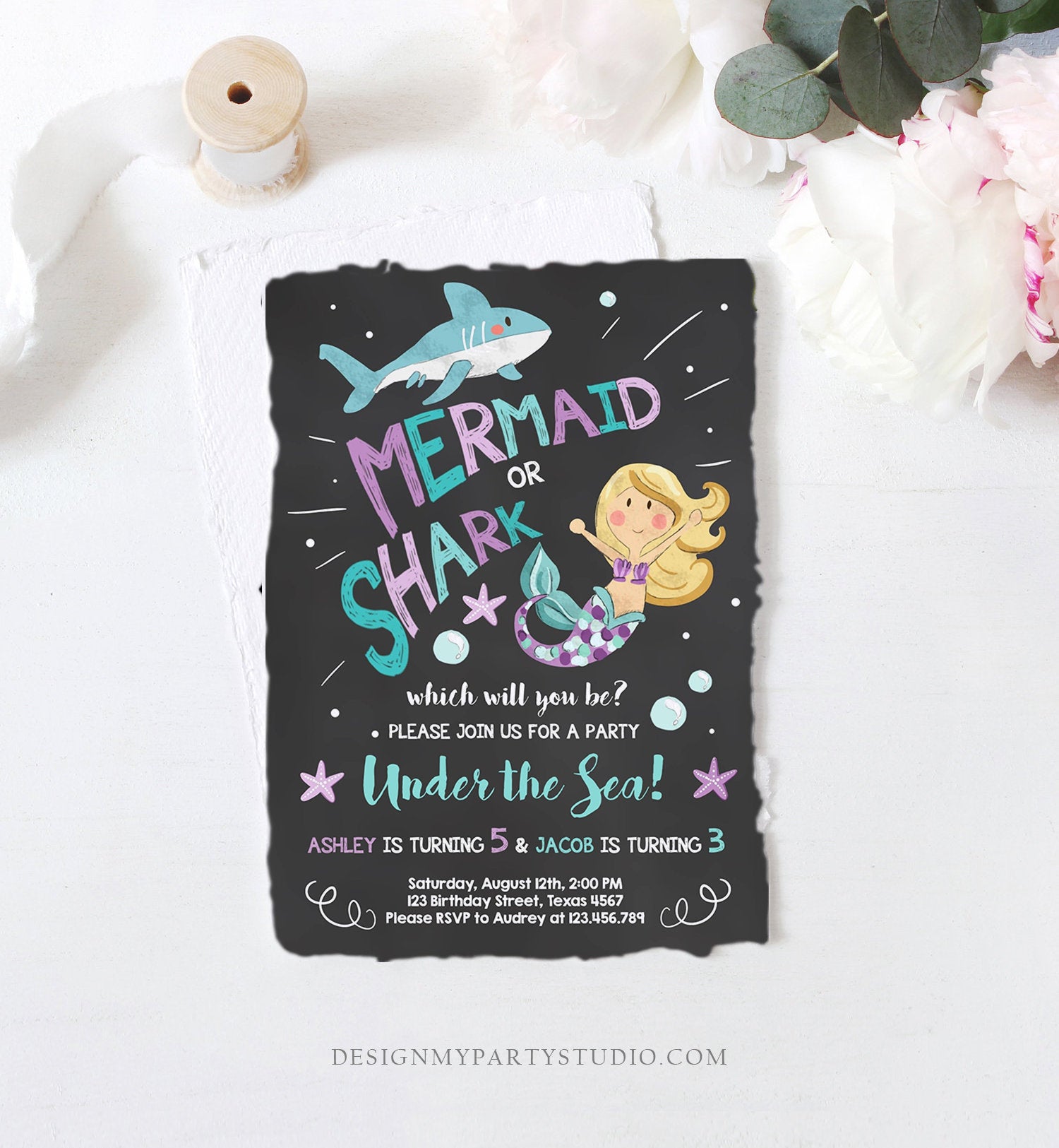 Editable Mermaid or Shark Birthday Invitation Under The Sea Party Coed Pool Party Brother Sister Download Corjl Template Printable 0197