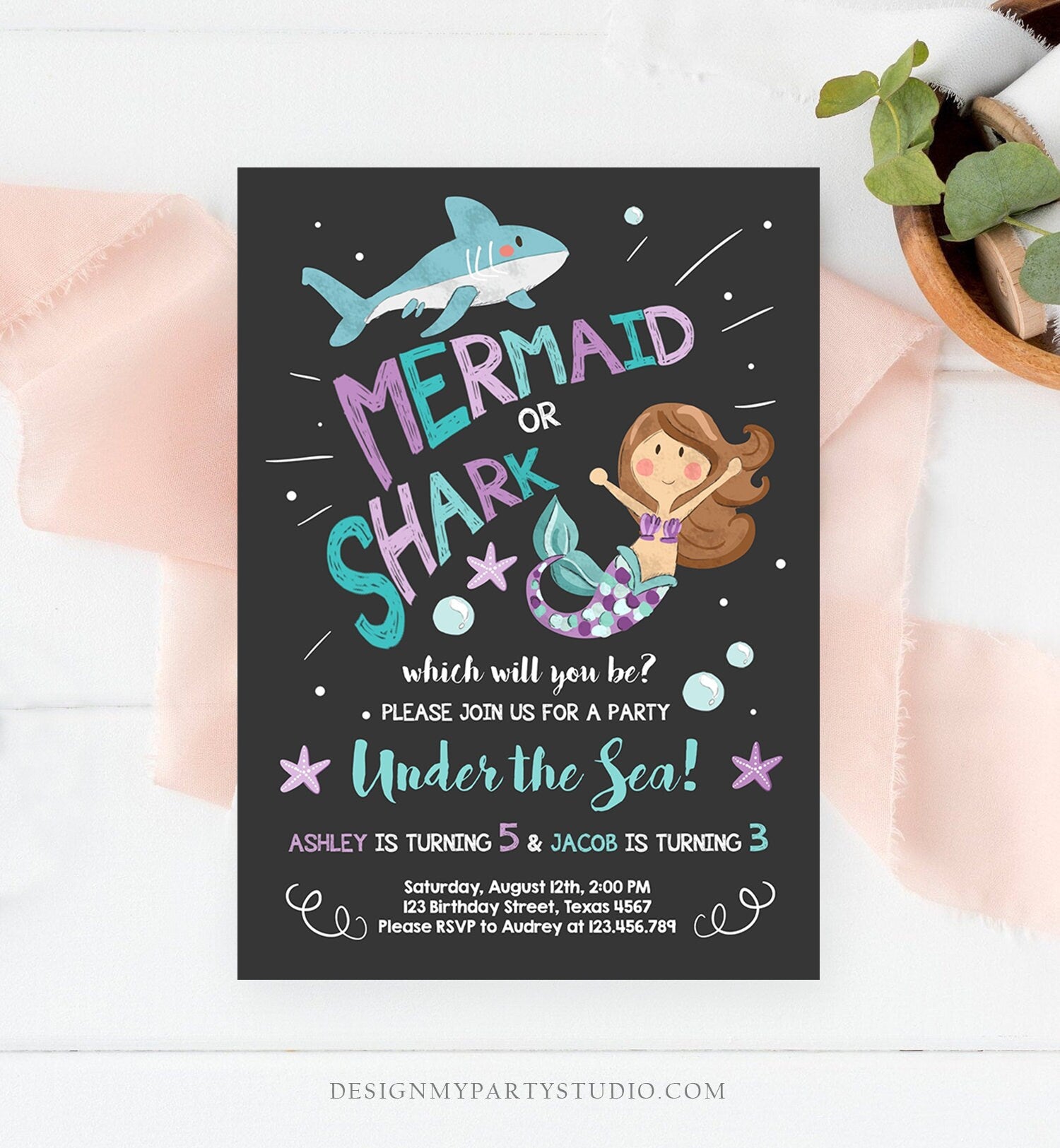 Editable Mermaid or Shark Birthday Invitation Under The Sea Party Coed Pool Party Brother Sister Download Corjl Template Printable 0197