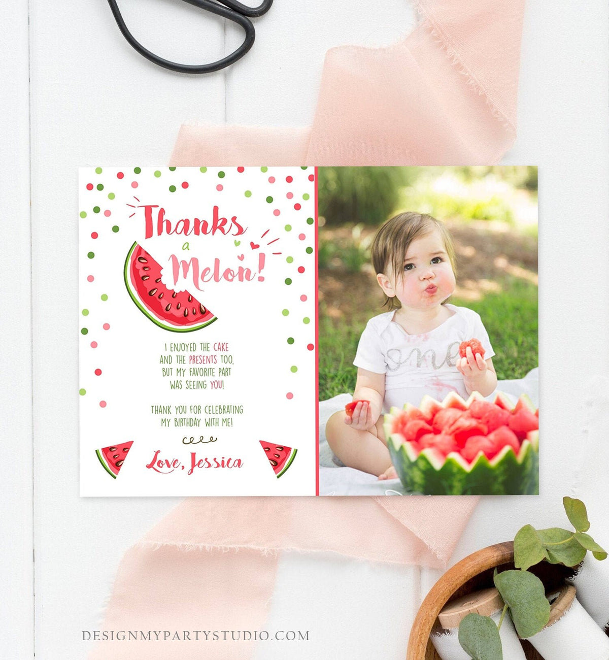 Editable Thanks a Melon Thank You Card Watermelon First Birthday Party Girl Pink Red Melon Summer Fruit Photo Corjl Template Printable 0120