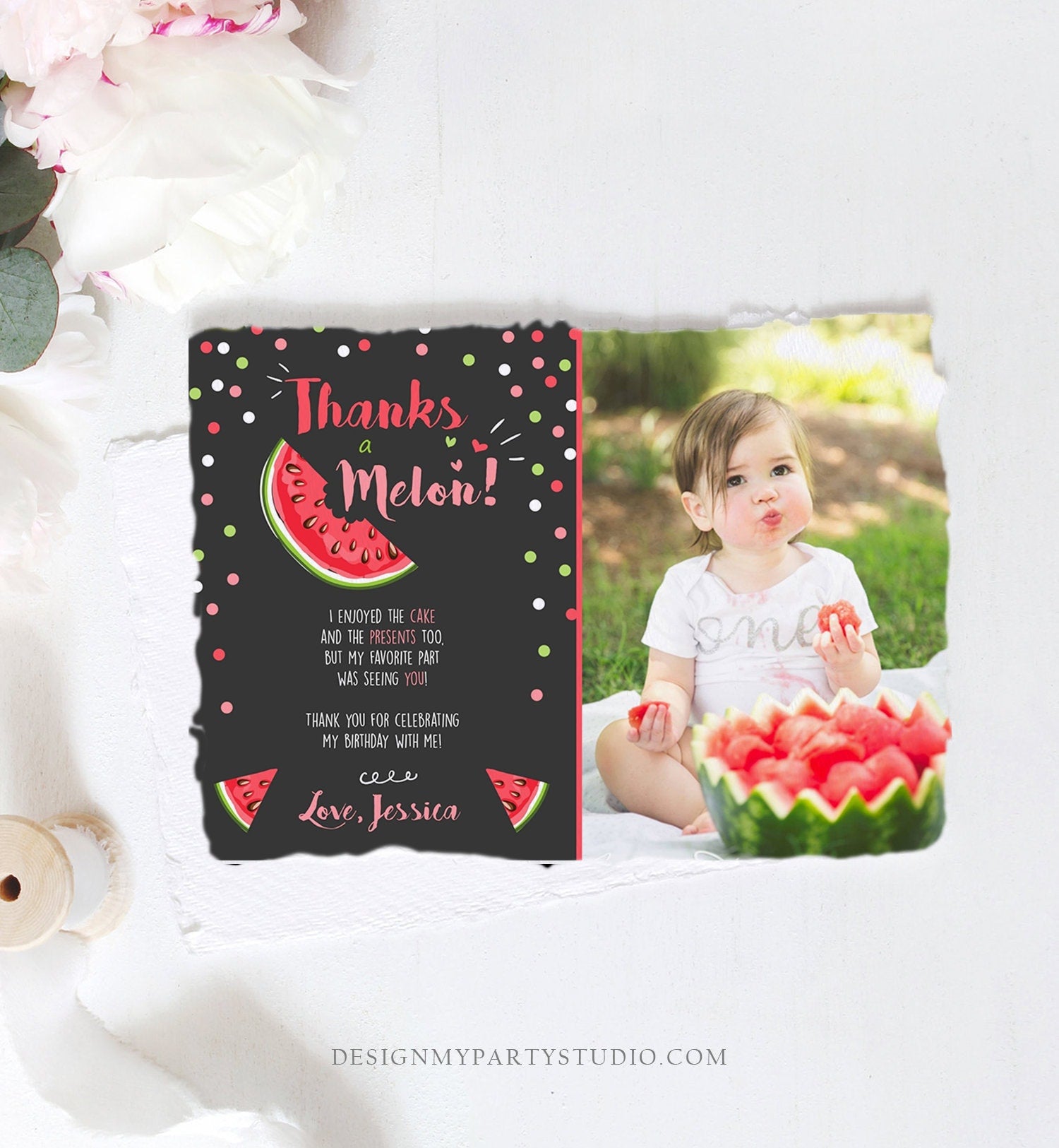 Editable Thanks a Melon Thank You Card Watermelon First Birthday Party Girl Pink Red Melon Summer Fruit Photo Corjl Template Printable 0120