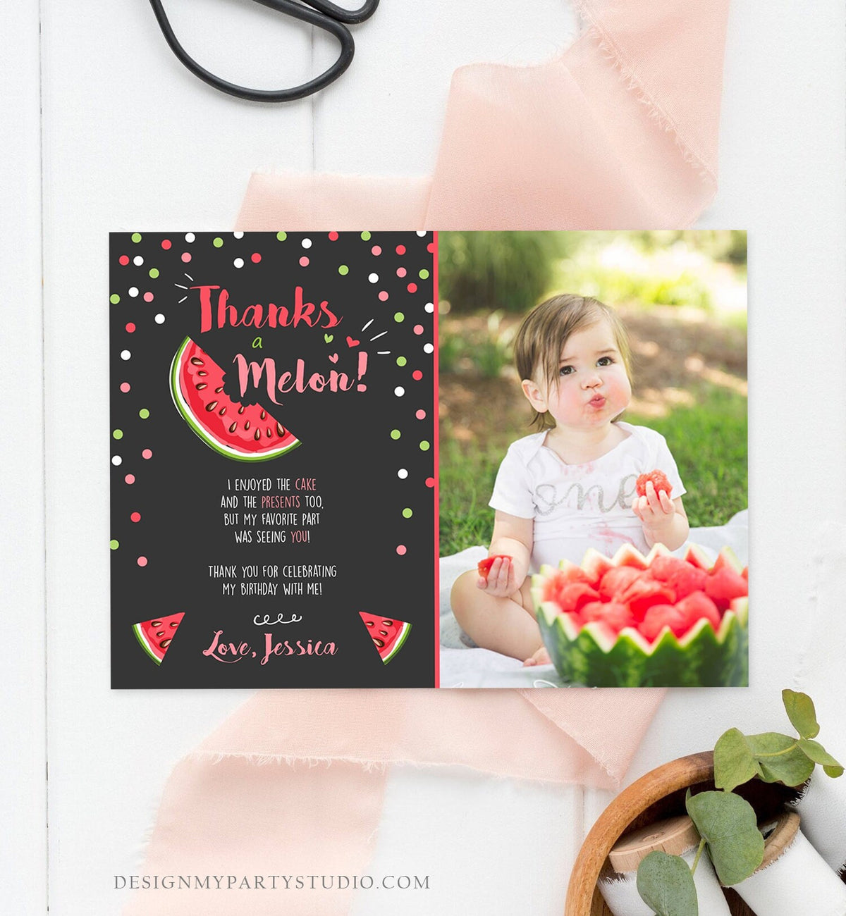 Editable Thanks a Melon Thank You Card Watermelon First Birthday Party Girl Pink Red Melon Summer Fruit Photo Corjl Template Printable 0120