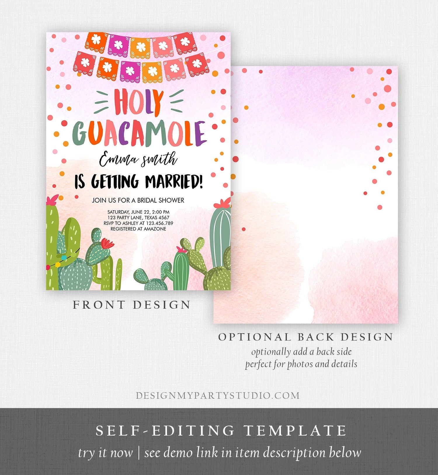 Editable Holy Guacamole Bridal Shower Invitation Fiesta Couples Shower Cactus Succulent Mexican Download Corjl Template Printable 0135