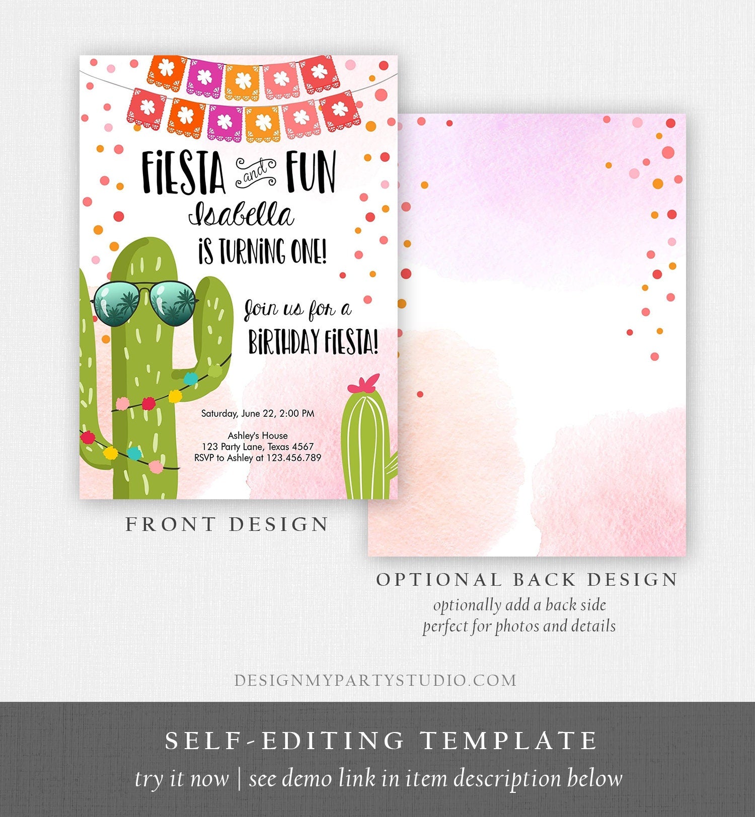 Editable Fiesta and Fun Birthday Invitation First Fiesta Cactus Pink Girl ANY AGE Instant Download Printable Invitation Template Corjl 0135