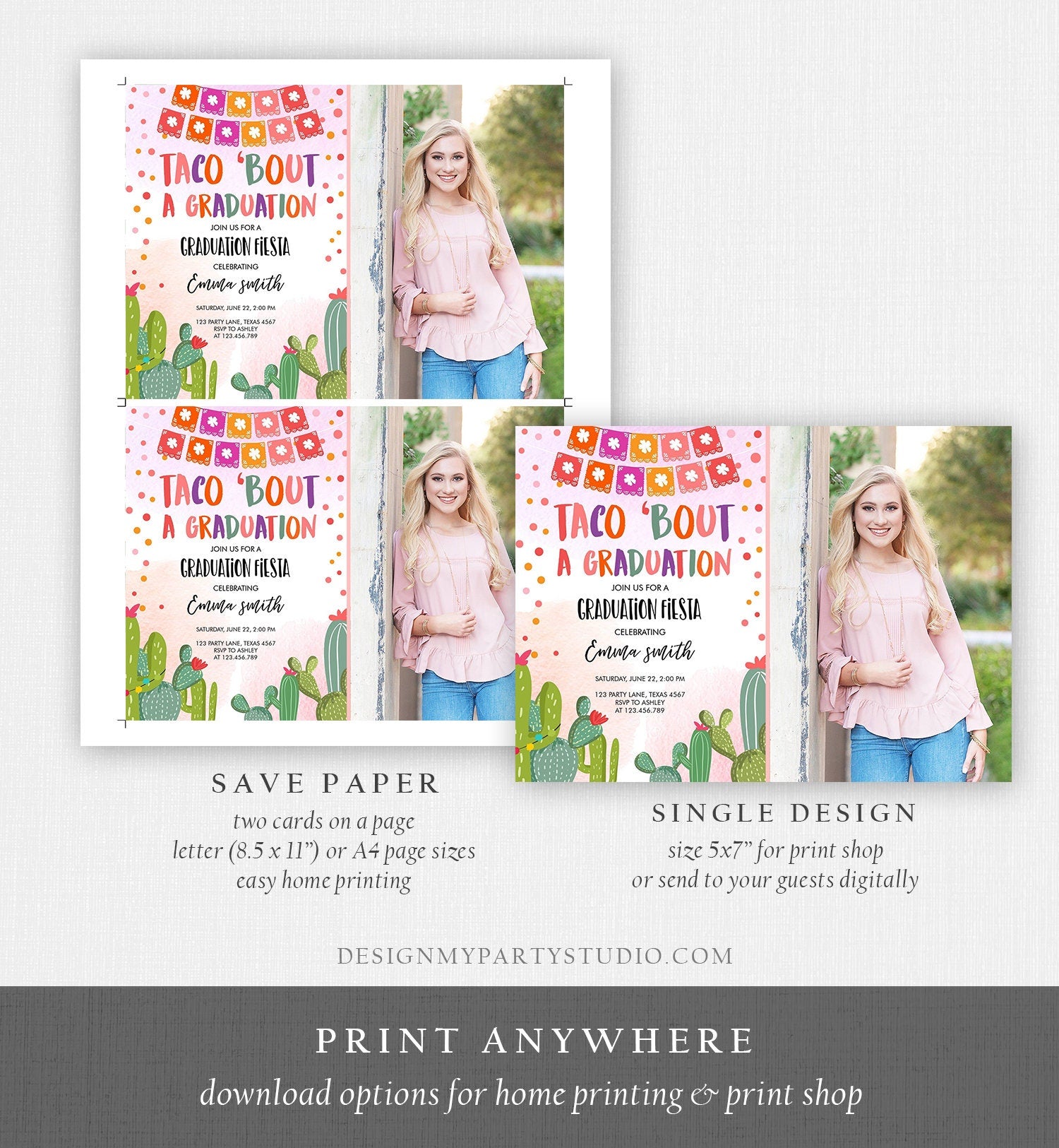 Editable Taco Bout a Graduation Party Invitation Fiesta Graduation Party Invite Cactus Girl Mexican Template Download Digital Corjl 0135