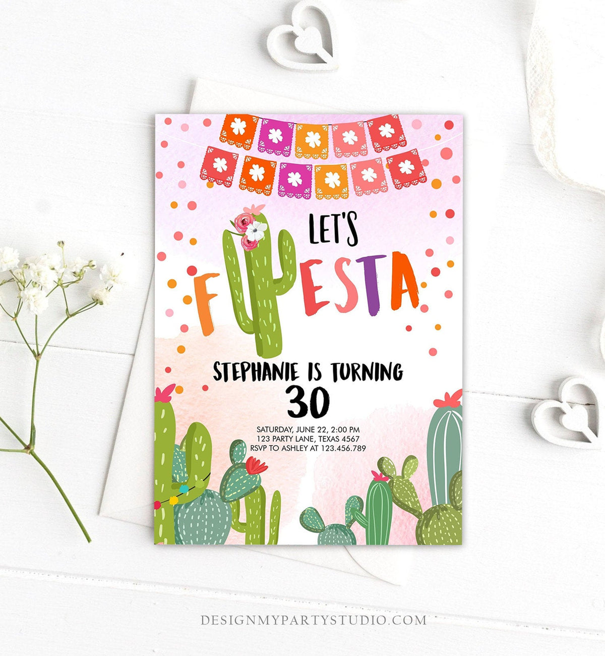 Editable ANY AGE Fiesta Birthday Invitation Let&#39;s Fiesta Adult Mexican Thirty Birthday Party Pink Cactus 30th Corjl Template Printable 0135