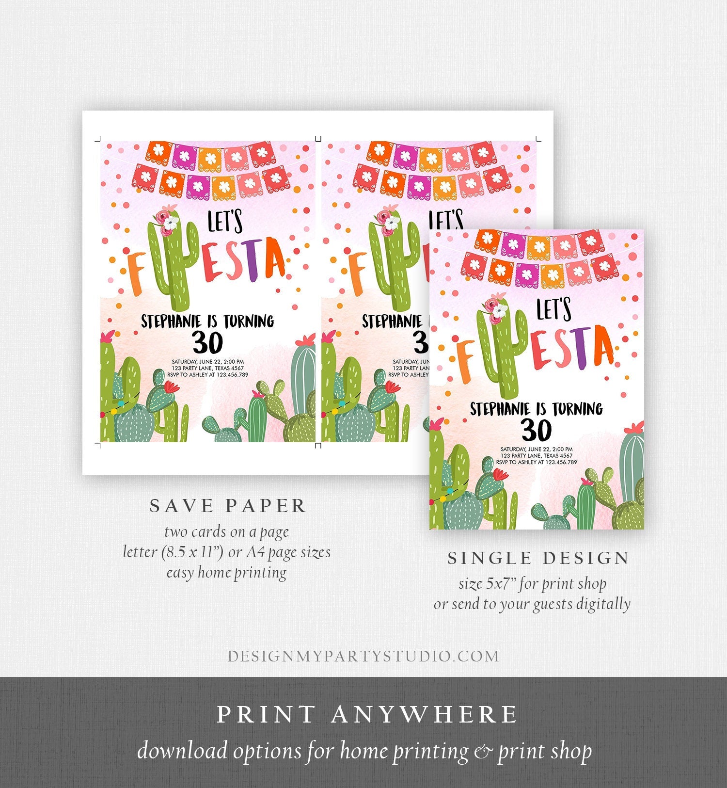 Editable ANY AGE Fiesta Birthday Invitation Let's Fiesta Adult Mexican Thirty Birthday Party Pink Cactus 30th Corjl Template Printable 0135