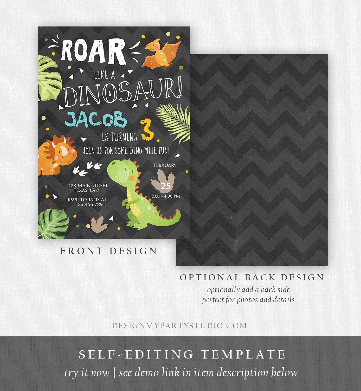 Editable Dinosaur Birthday Invitation Dino Dig Party Prehistoric Boy T-Rex Roar Fossil Party Digital Download Printable Template Corjl 0283