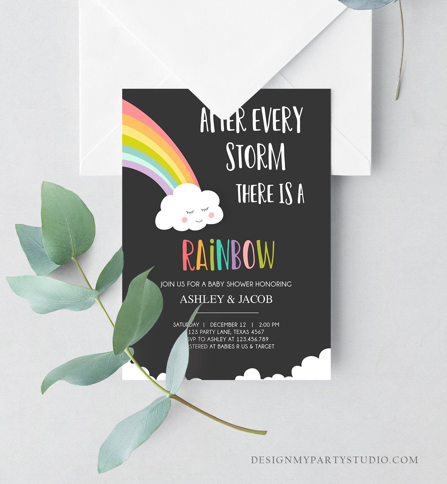 Editable Rainbow Baby Shower Invitation Rainbow Baby After a Loss Cloud Gender Neutral Download Printable Template Corjl Digital 0233