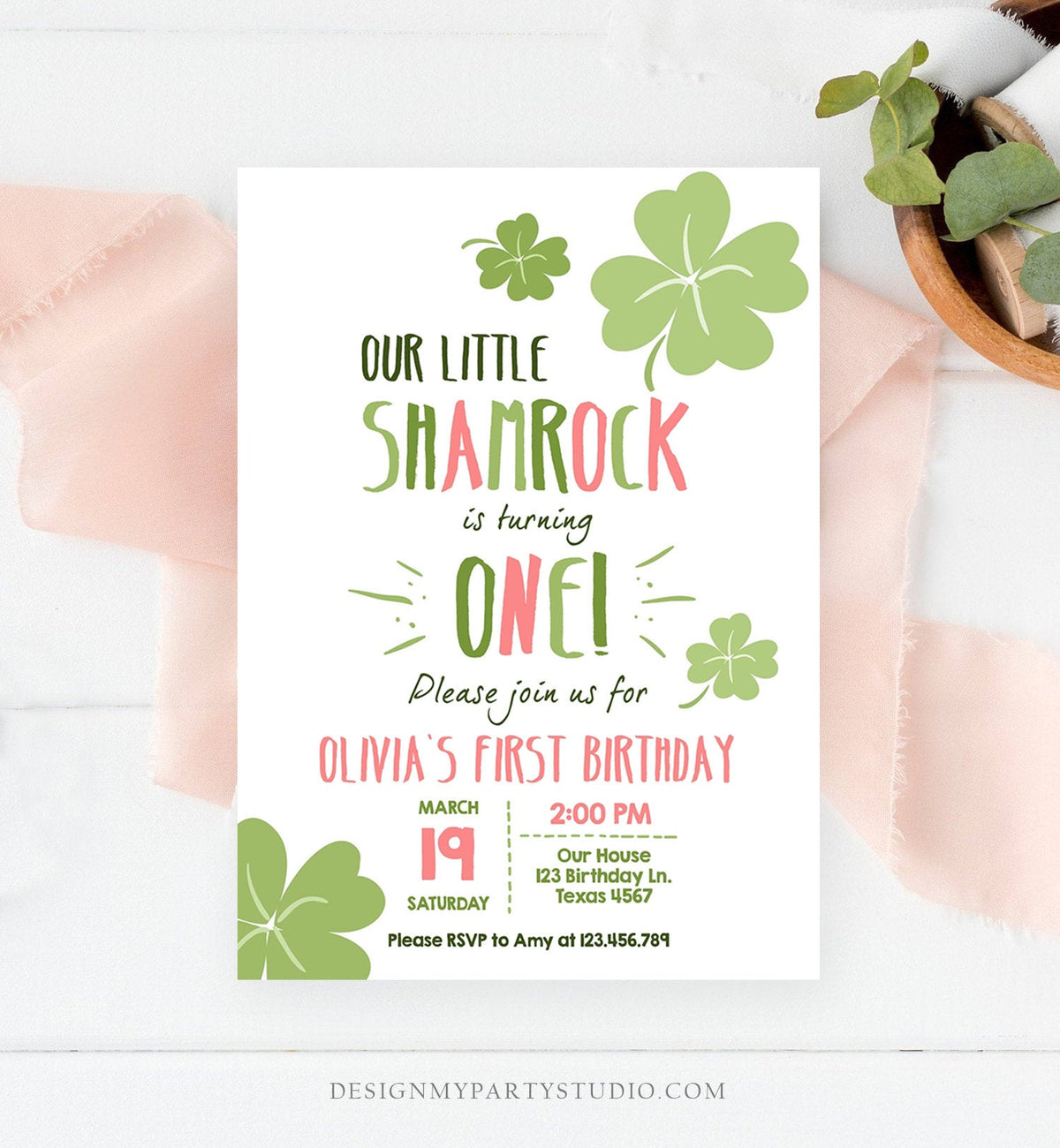 Editable St. Patrick&#39;s Day Birthday Invitation Shamrock Pink Clover St Patricks day Birthday Lucky One Printable Invite Template Corjl 0289