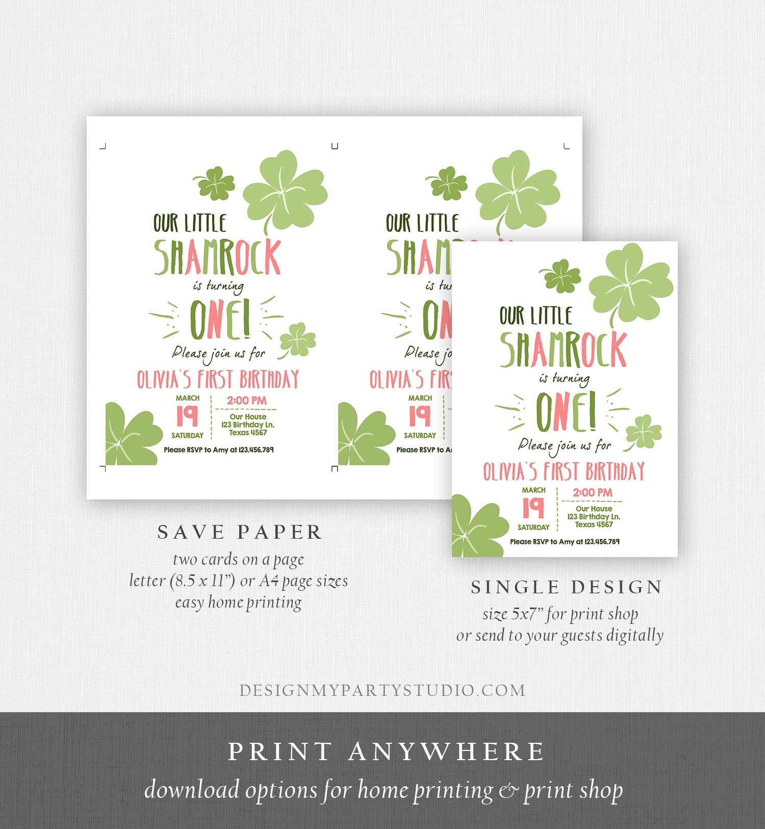 Editable St. Patrick's Day Birthday Invitation Shamrock Pink Clover St Patricks day Birthday Lucky One Printable Invite Template Corjl 0289