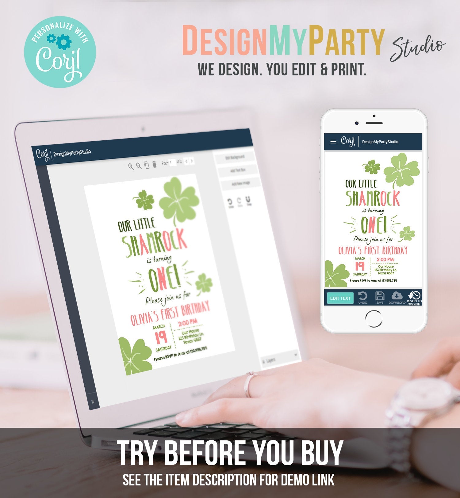 Editable St. Patrick's Day Birthday Invitation Shamrock Pink Clover St Patricks day Birthday Lucky One Printable Invite Template Corjl 0289