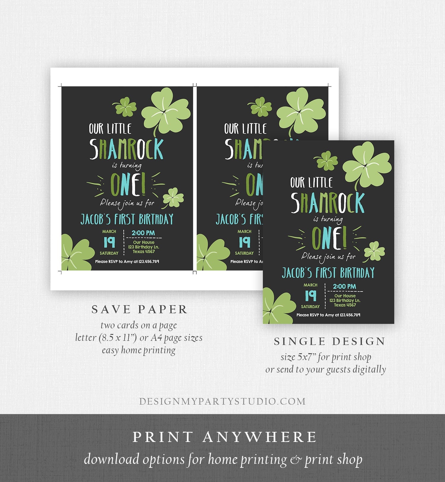 Editable St. Patrick's Day Birthday Invitation Boy Shamrock Clover St Patricks day Birthday Lucky One Printable Invite Template Corjl 0289