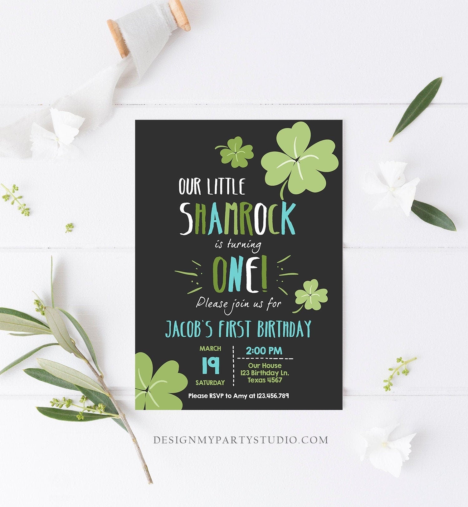 Editable St. Patrick's Day Birthday Invitation Boy Shamrock Clover St Patricks day Birthday Lucky One Printable Invite Template Corjl 0289