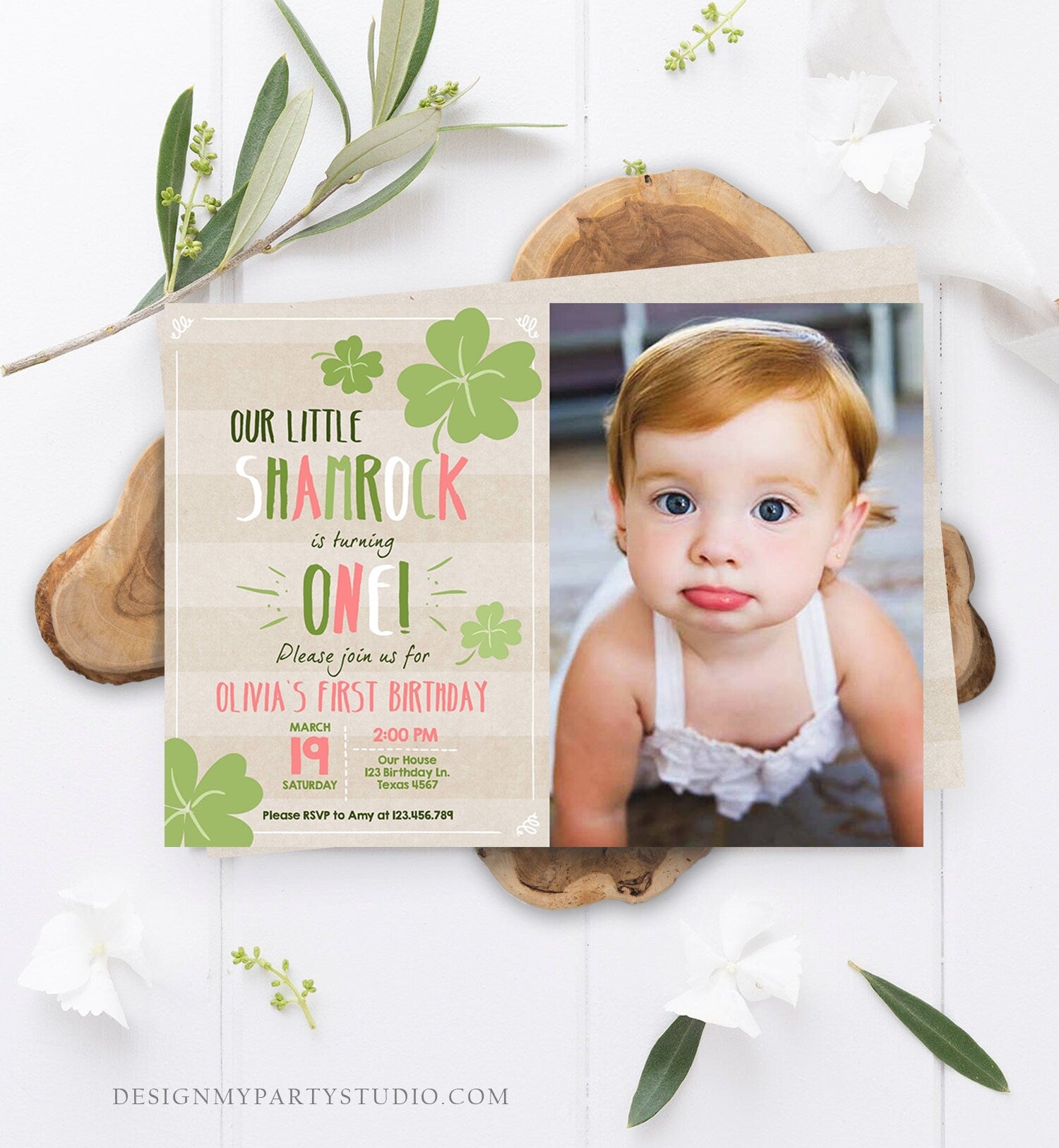 Editable St. Patrick's Day Birthday Invitation Shamrock Pink Clover St Patricks day Birthday Lucky One Printable Invite Template Corjl 0289