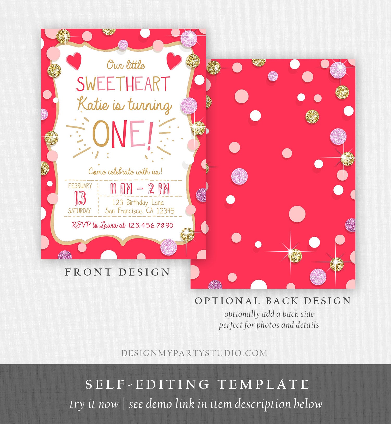 Editable Valentines Birthday Invitation Little Sweetheart Birthday Girl Pink Red First Birthday Download Corjl Template Printable 0299