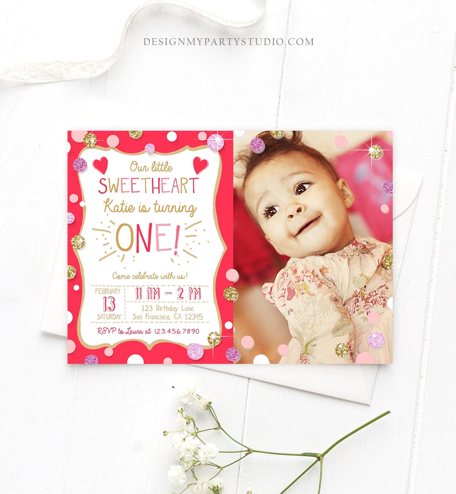 Editable Valentines Birthday Invitation Little Sweetheart Birthday Girl Pink Red First Birthday Download Corjl Template Printable 0299