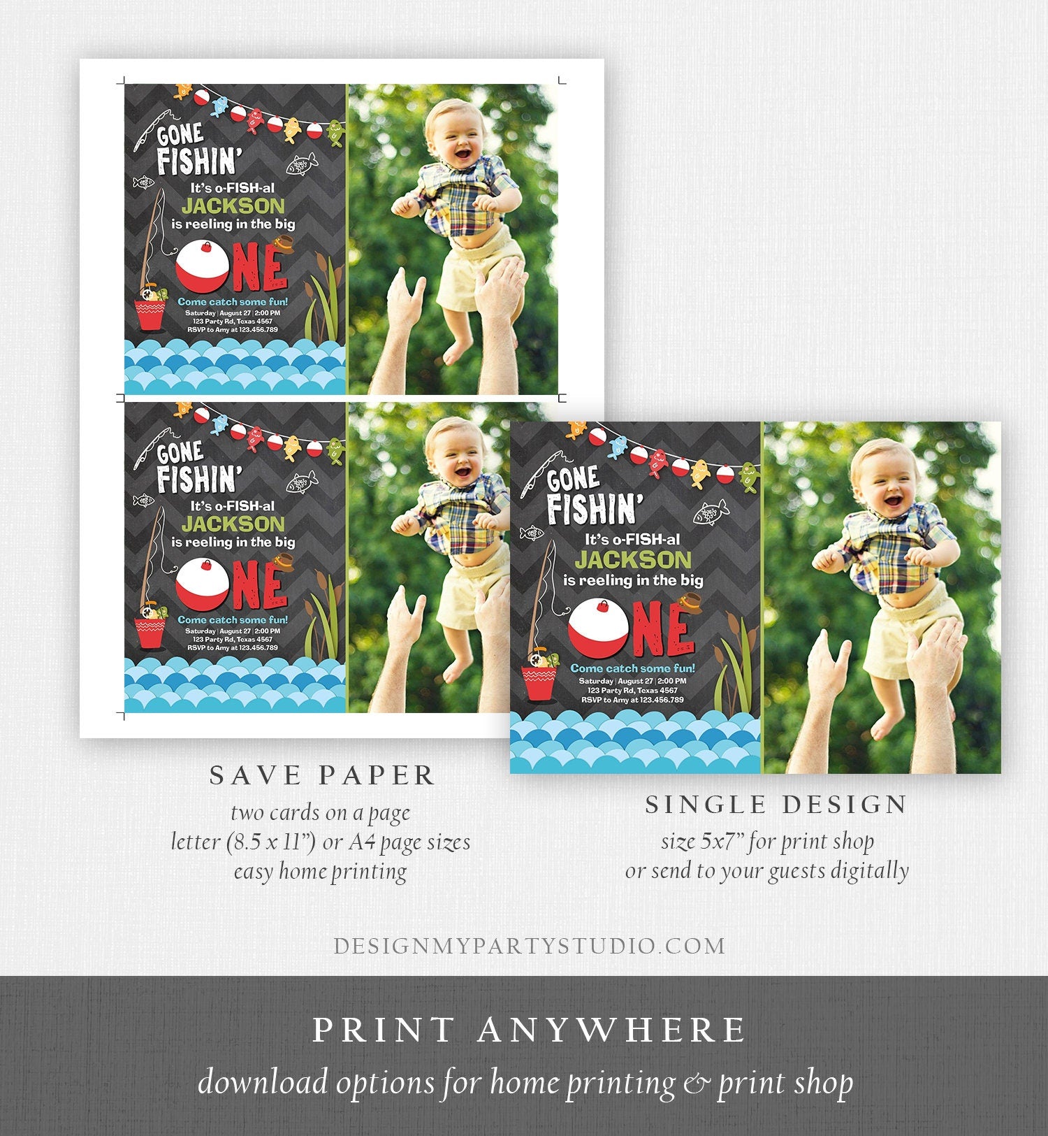 Editable First Birthday Fishing Invitation Fishing Party The Big One O-fish-al Gone Fishing Boy Chalk Download Printable Template Corjl 0080