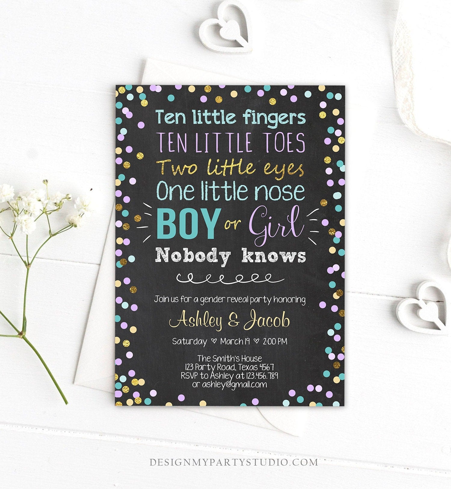 Editable Gender Reveal Invitation Baby Shower Boy or Girl Purple Blue He or She Confetti Gold Corjl Template Instant Download Digital 0133