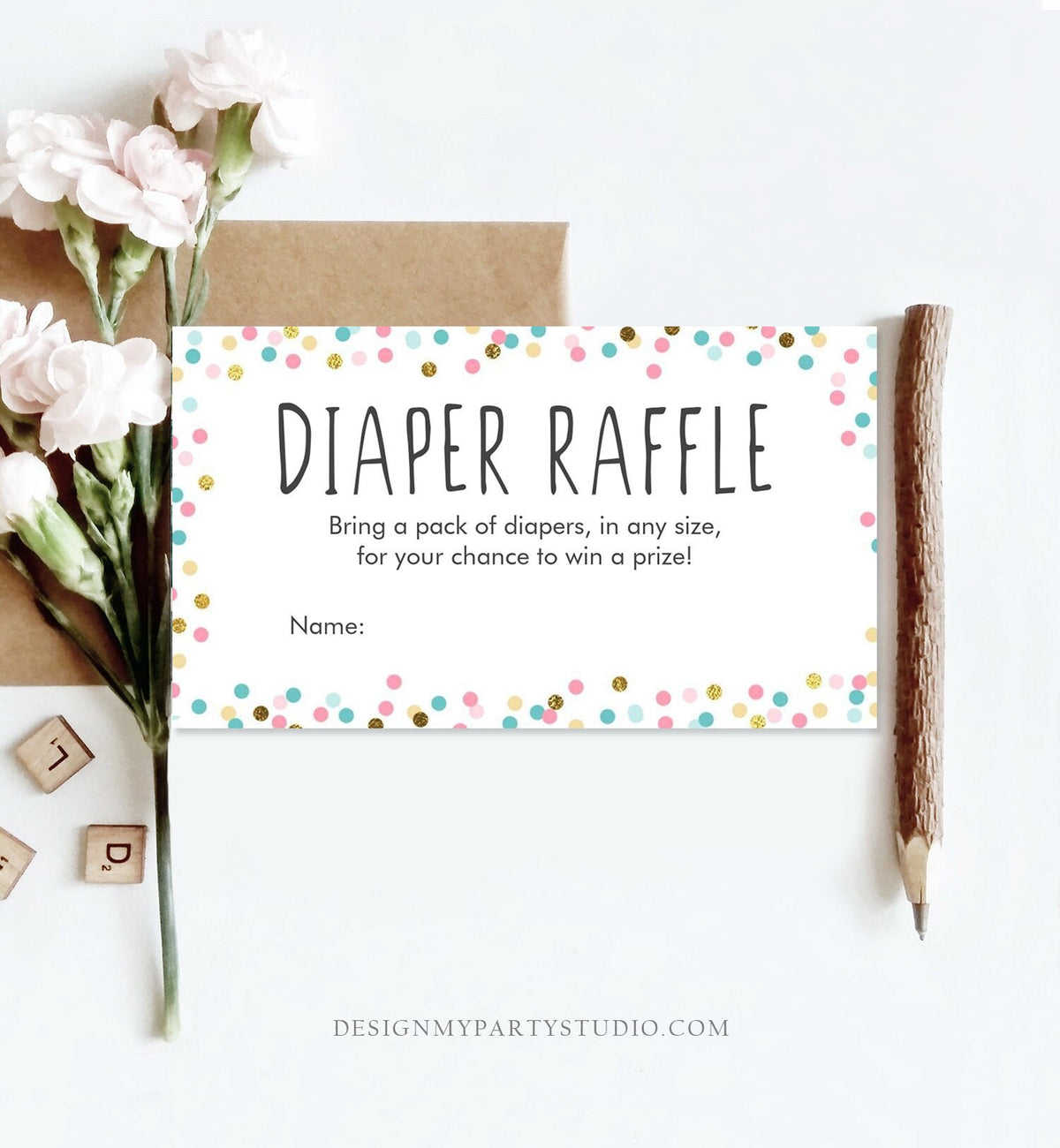 Editable Diaper Raffle Ticket Confetti Gender Neutral Blue Pink Gold Diaper Game Ticket Baby Shower Insert Template PRINTABLE Corjl 0133