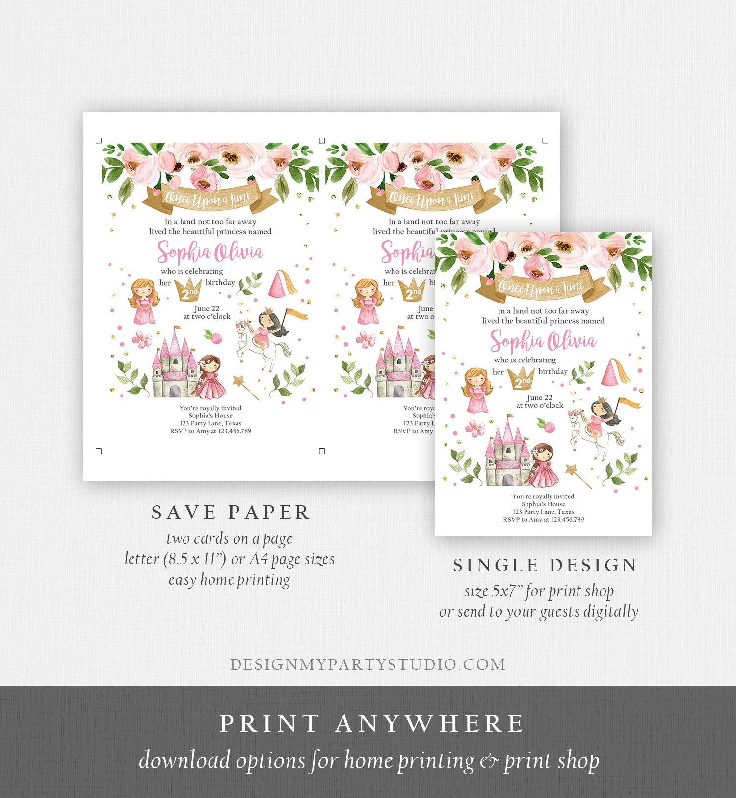 Editable Princess Birthday invitation Princess Party Girls Once Upon a Time Pink Gold Floral Download Printable Template Editable Corjl 0171