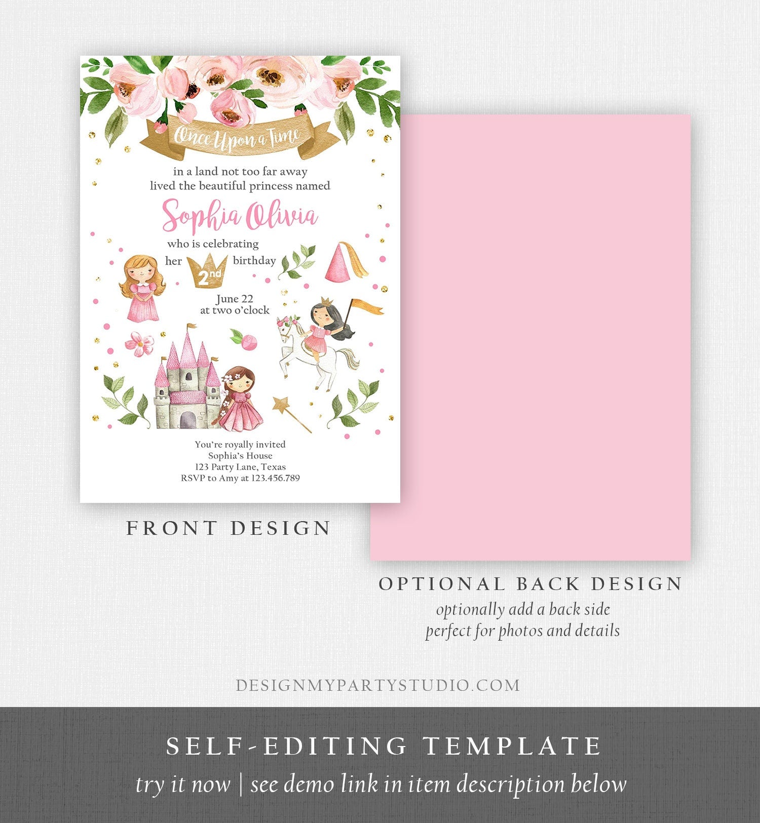 Editable Princess Birthday invitation Princess Party Girls Once Upon a Time Pink Gold Floral Download Printable Template Editable Corjl 0171