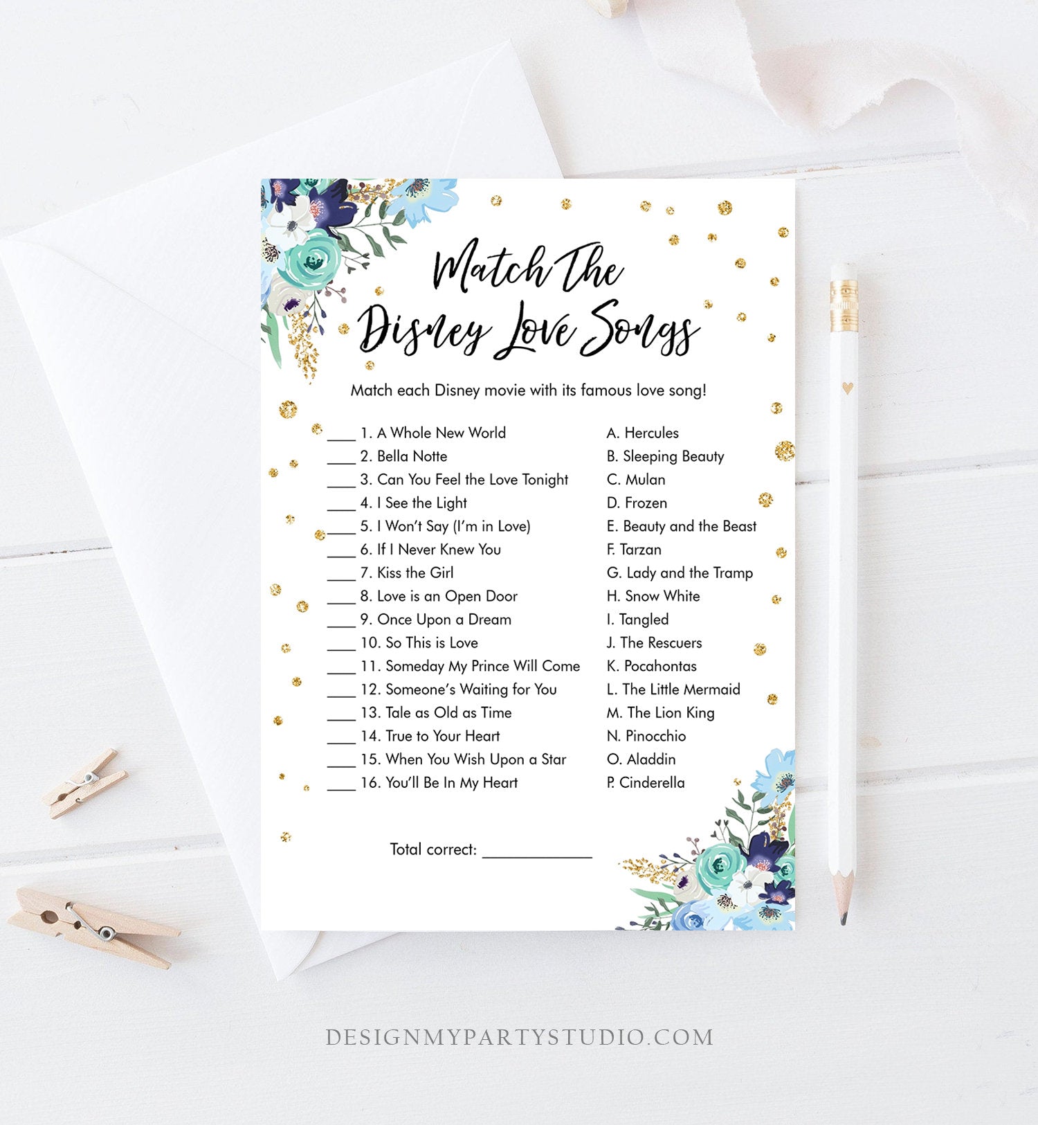 Editable Disney Love Quotes Bridal Shower Game Match Disney Love Songs Wedding Shower Activity Bachelorette Corjl Template Printable 0030