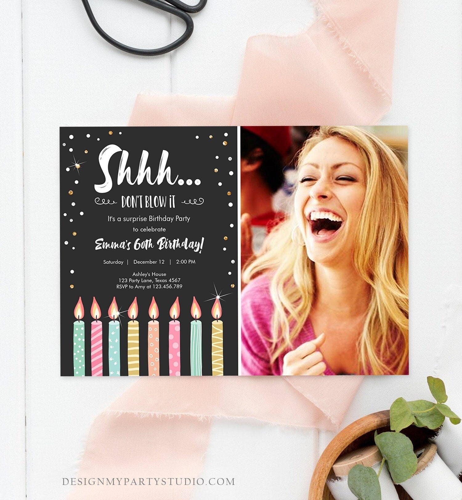 Editable Candles Surprise Birthday Invitation Shhh It's A Surprise Party 30th 40th 50th 60th Adult Download Corjl Template Printable 0277