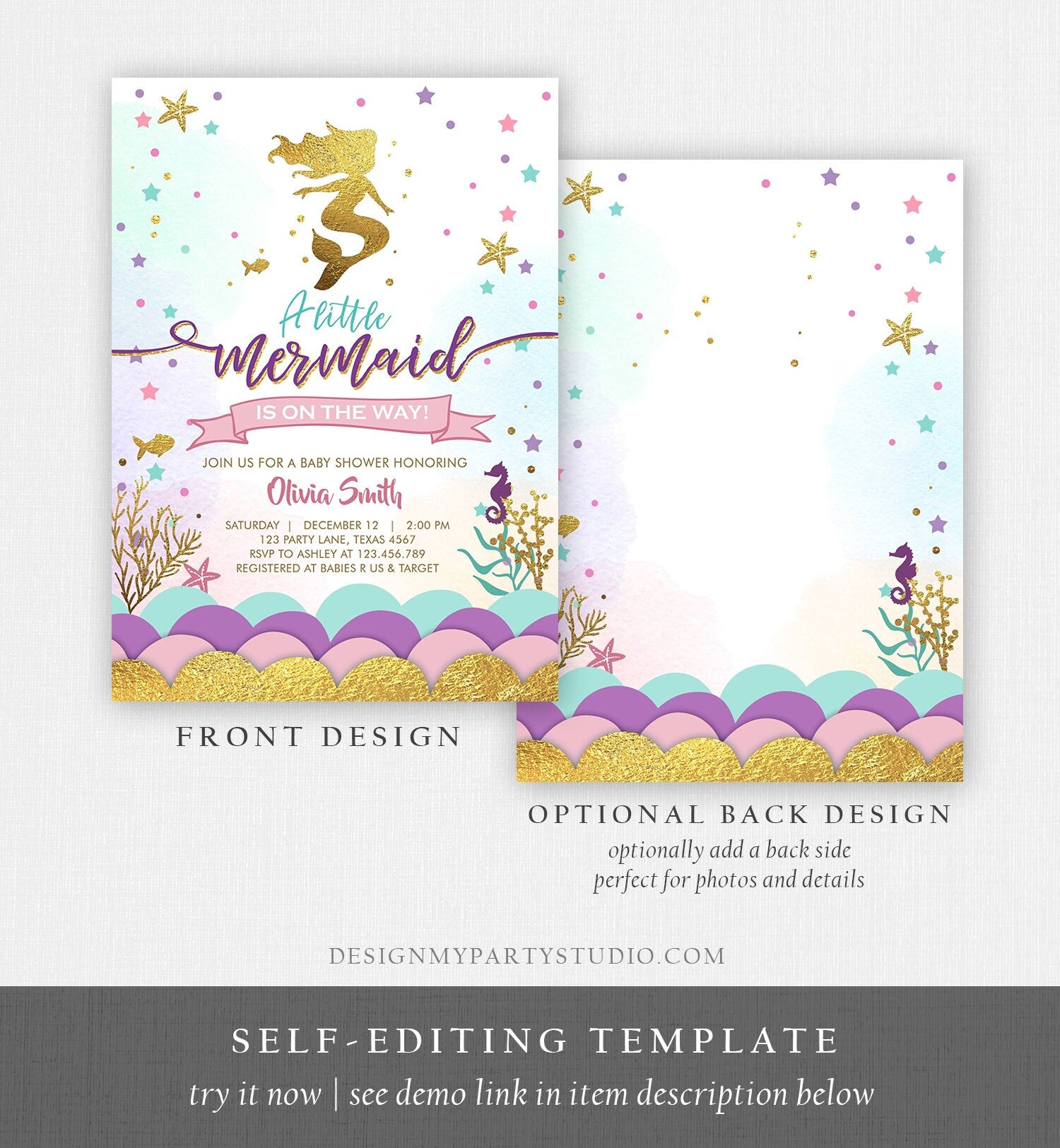 Editable Little Mermaid on the Way Baby Shower Invitation Under The Sea Sprinkle Girl Pink Purple Gold 1st Corjl Template Printable 0076