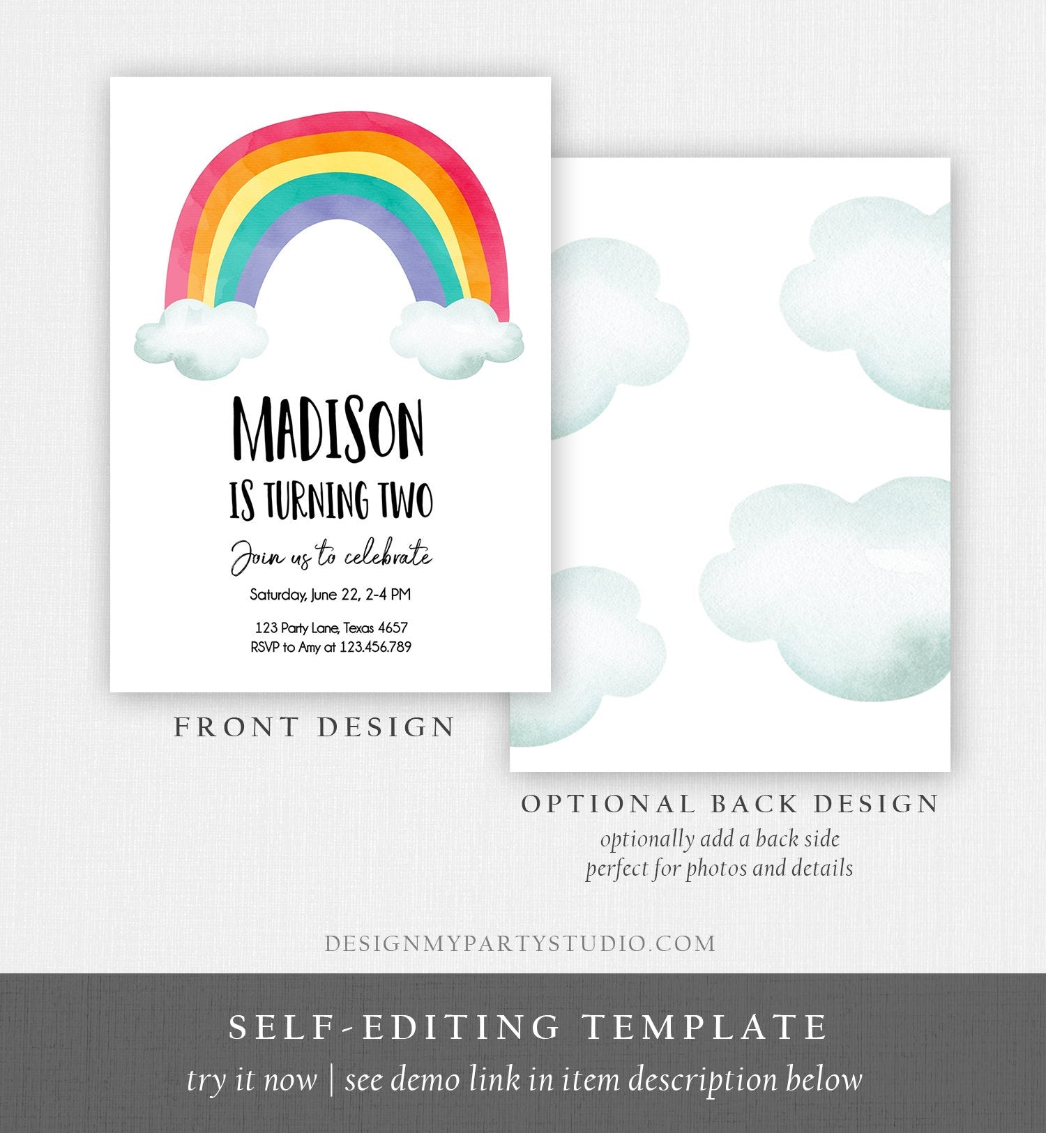 Editable Rainbow Birthday Invitation Kids Girl Boy Neutral Party Clouds Colorful Rainbow Colors Printable Corjl Template Digital 0272