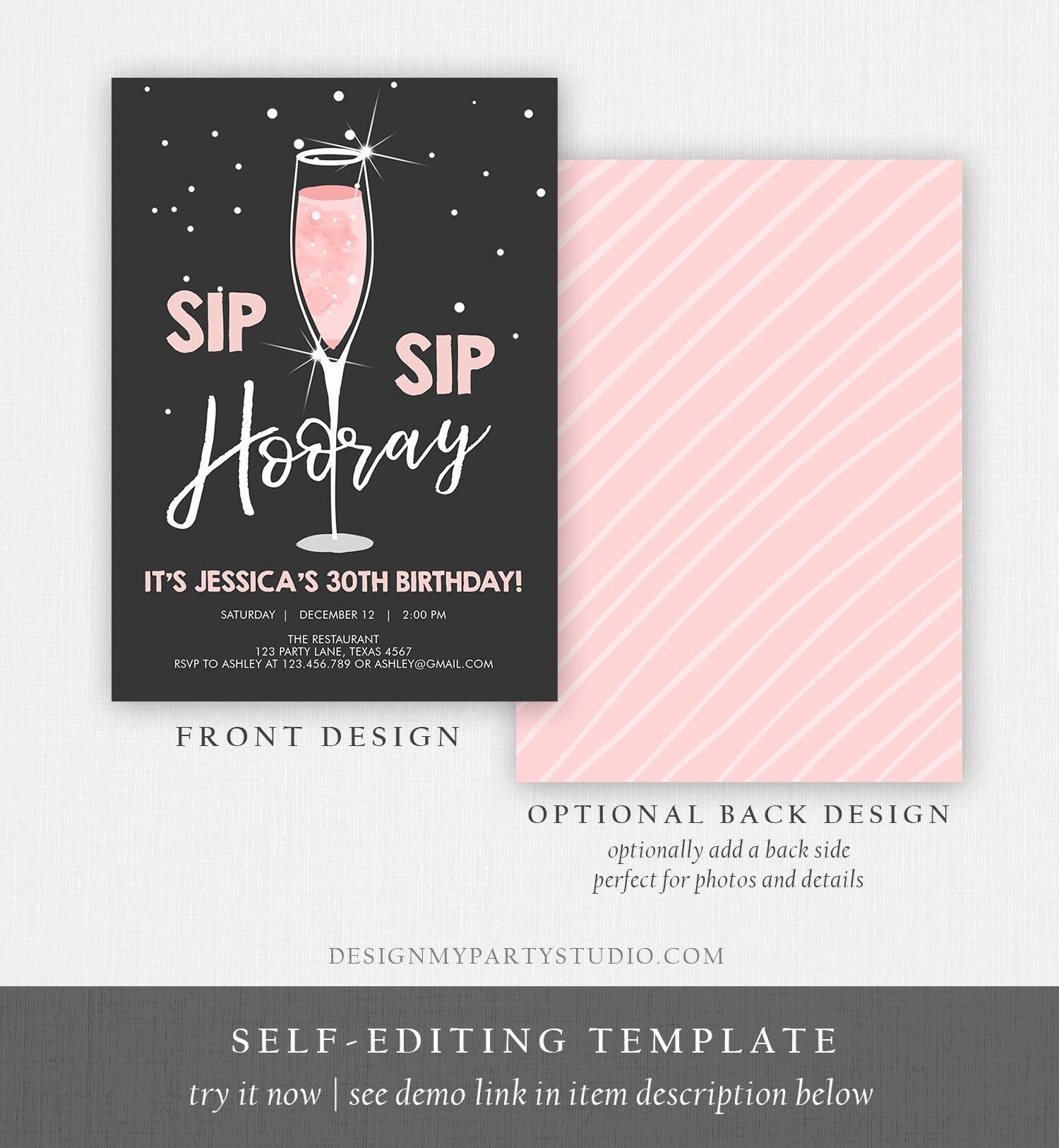 Editable Sip Sip Hooray Birthday Invitation Adult Surprise Party Rustic Chalk 30th Champagne Brunch and Bubbly Printable Corjl Template 0252