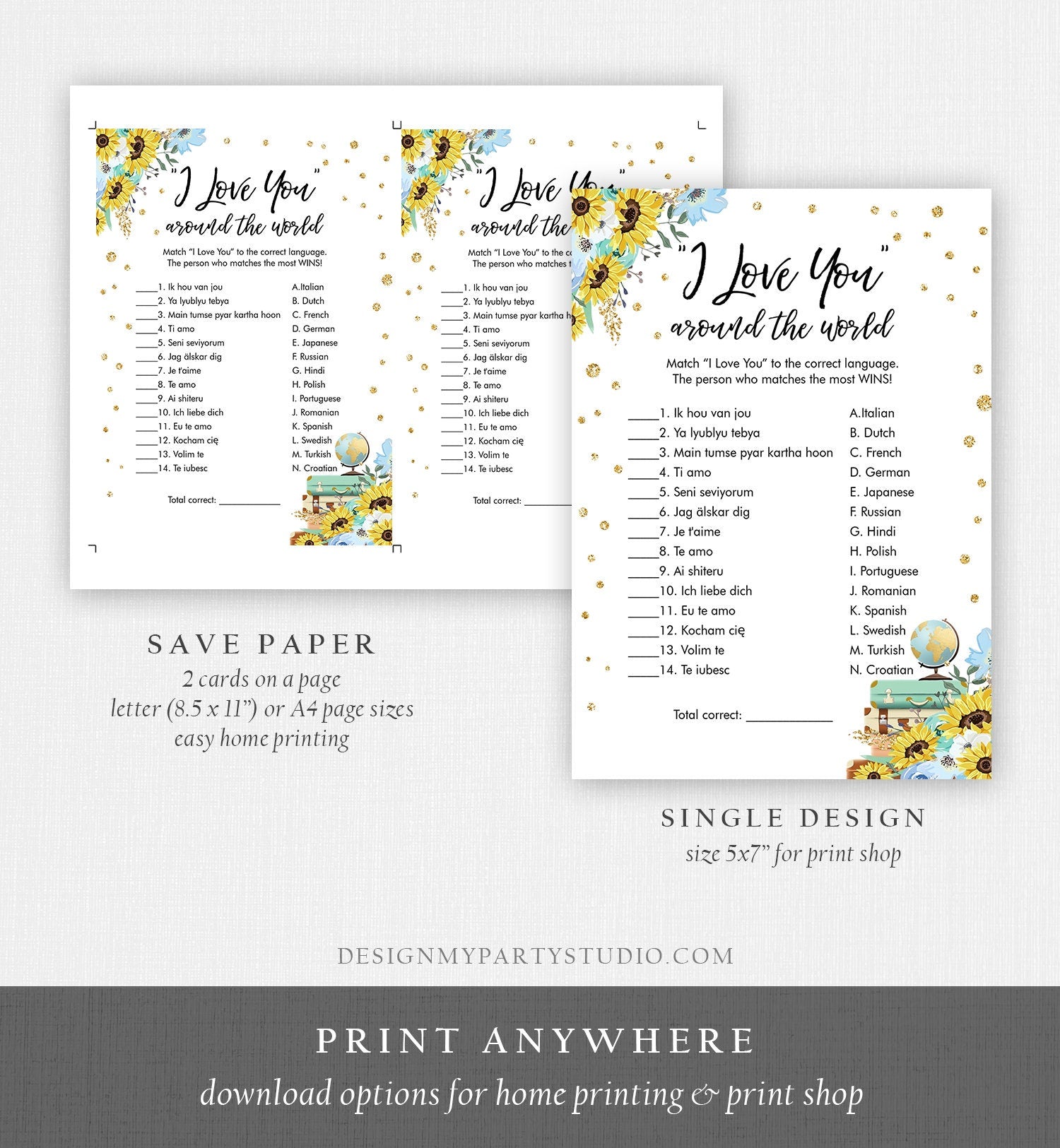 Editable Travel Bridal Shower Game I Love You Around the World Sunflowers Wedding Shower Activity Floral Corjl Template Printable 0030