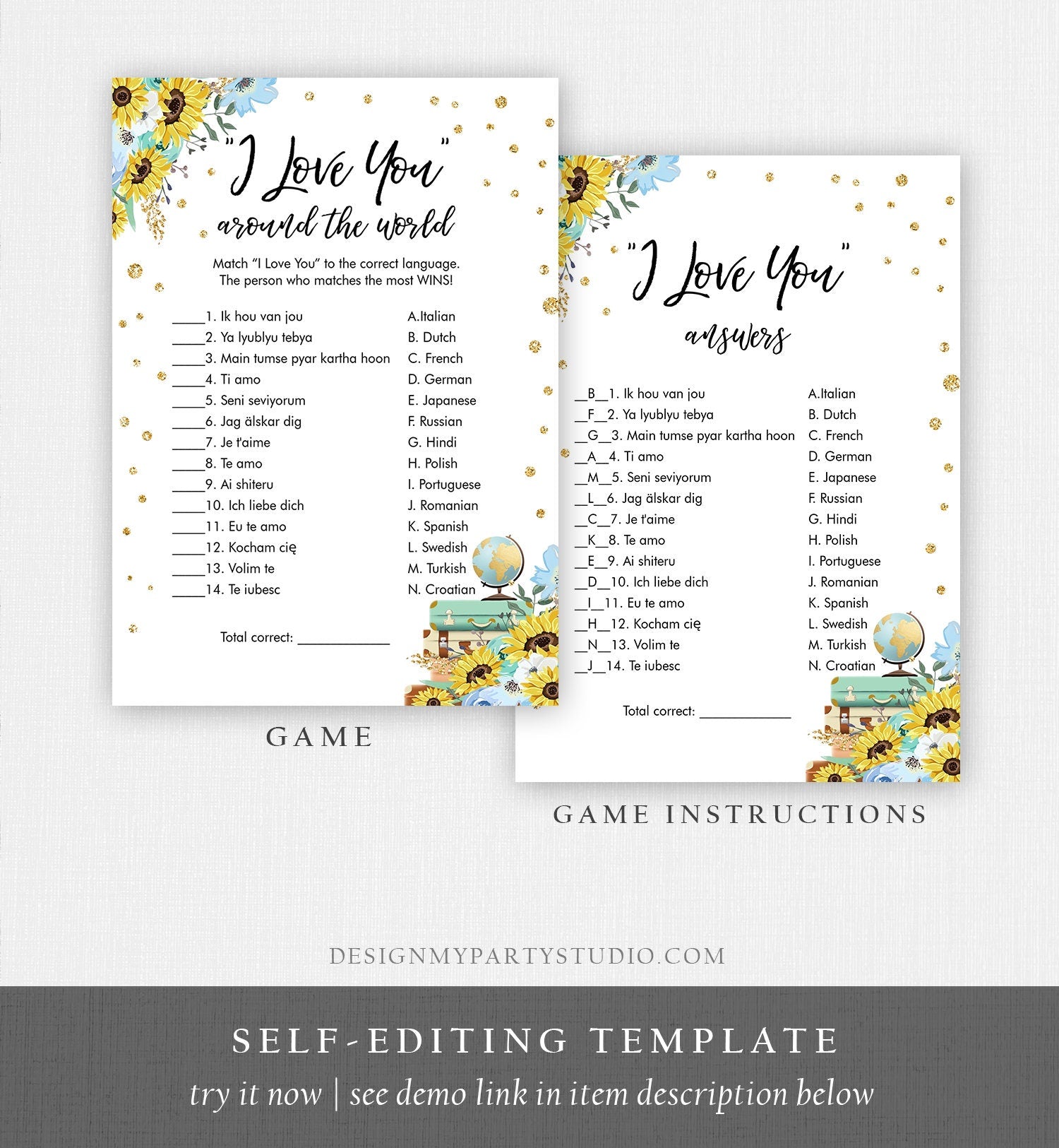 Editable Travel Bridal Shower Game I Love You Around the World Sunflowers Wedding Shower Activity Floral Corjl Template Printable 0030