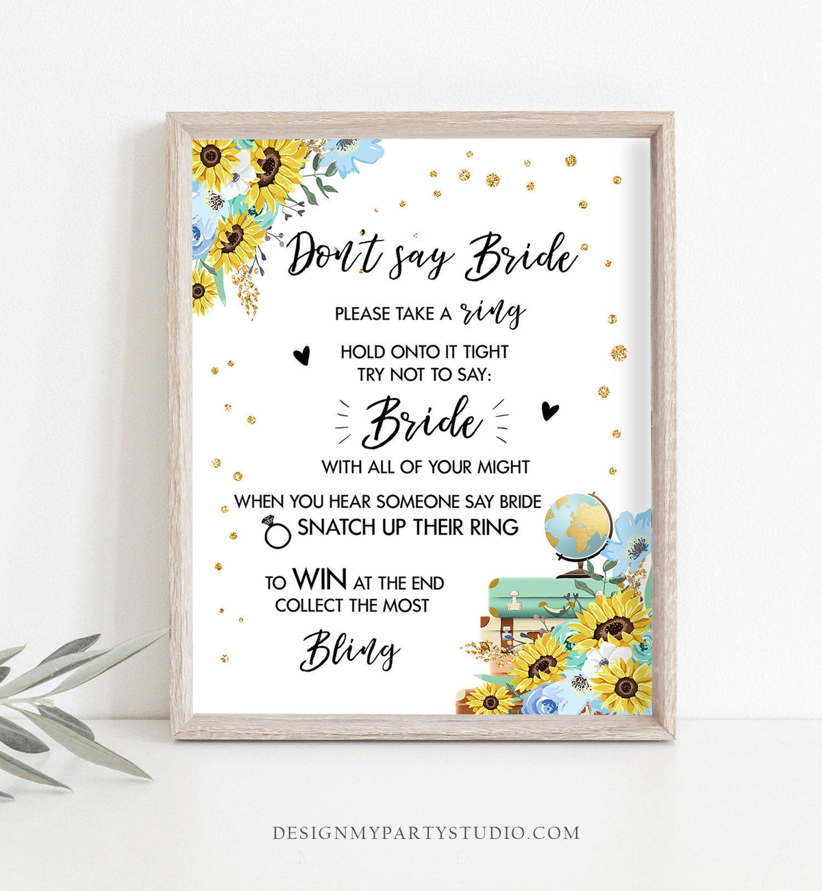 Bridal Shower Game Don&#39;t Say Bride Traveling from Miss to Mrs Adventure Take a Ring Game Shower Sunflowers Instant Download PRINTABLE 0030