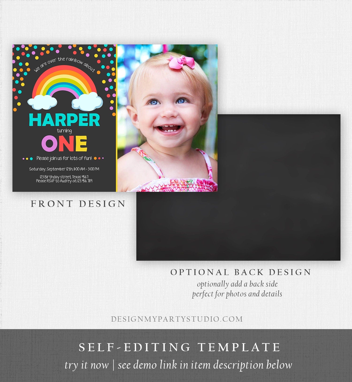 Editable Rainbow Birthday Invitation Kids Girl Boy Neutral Party Clouds Colorful Rainbow Colors Printable Corjl Template Digital 0106