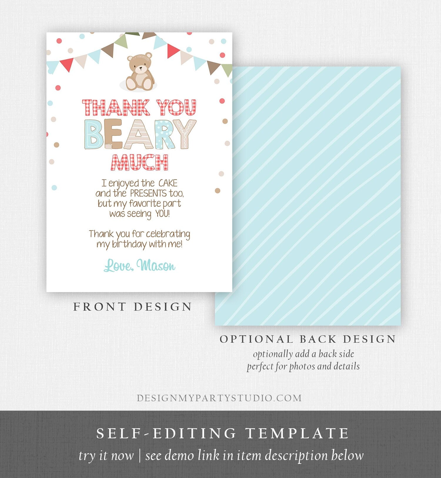 Editable Thank You Card Teddy Bear Birthday Picnic Beary Much Boy Blue Woodland Download Printable Thank You Template Digital Corjl 0100