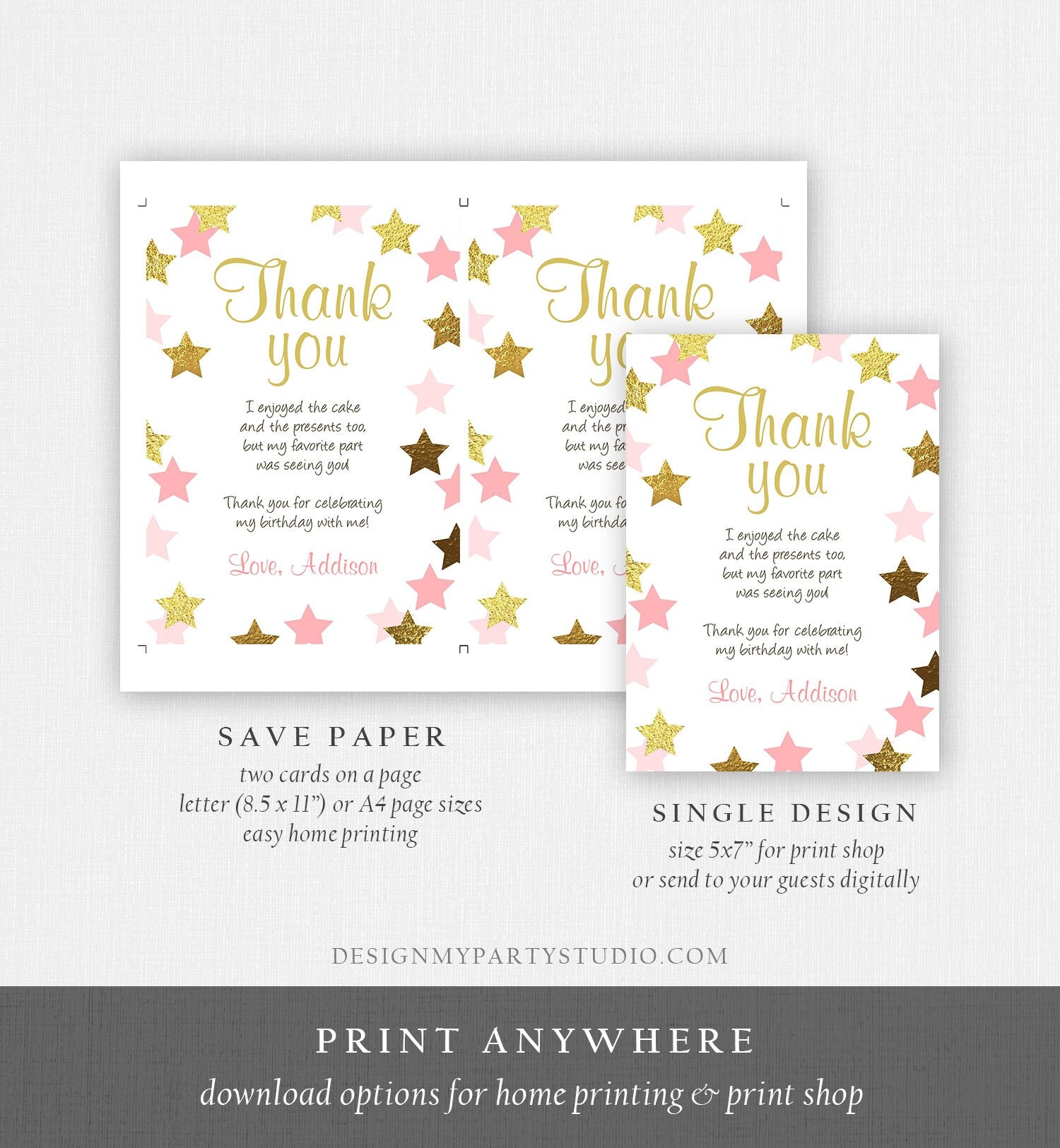 Editable Thank You Card Stars Thank you Note Twinkle Little Star Birthday Girl Pink and Gold Download Printable Template Corjl Digital 0082