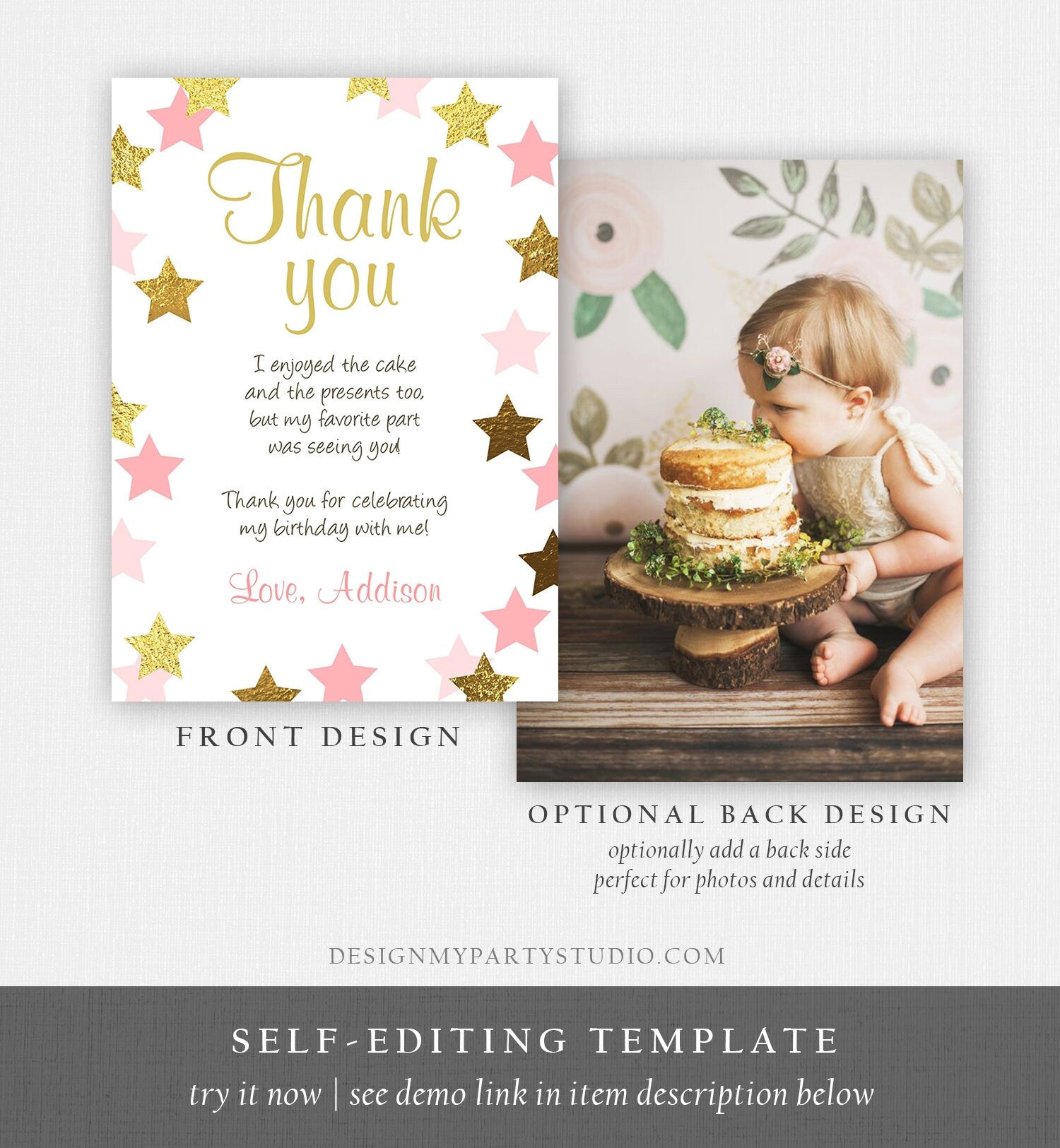 Editable Thank You Card Stars Thank you Note Twinkle Little Star Birthday Girl Pink and Gold Download Printable Template Corjl Digital 0082