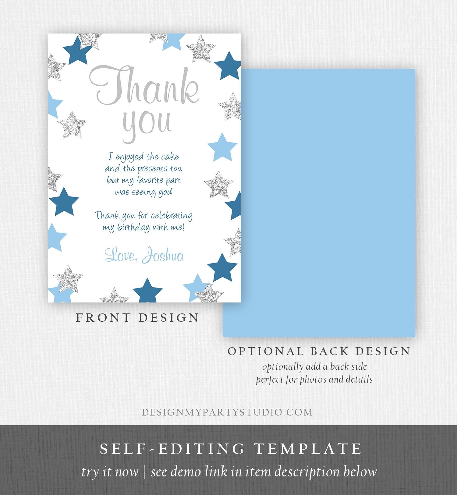 Editable Thank You Card Stars Thank you Note Twinkle Little Star Birthday Boy Blue and Silver Download Printable Template Corjl Digital 0082