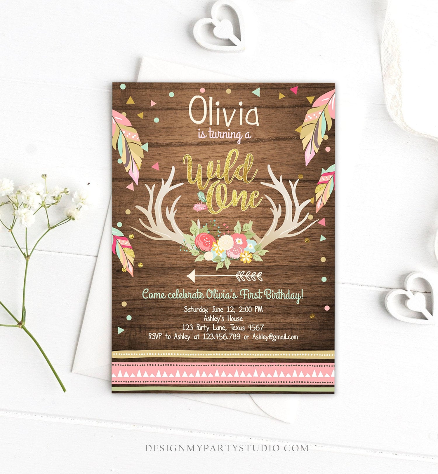 Editable Birthday Invitation Wild One Girl Antler Tribal Arrow Feathers First Birthday Wood Pink Gold Download Printable Template Corjl 0073