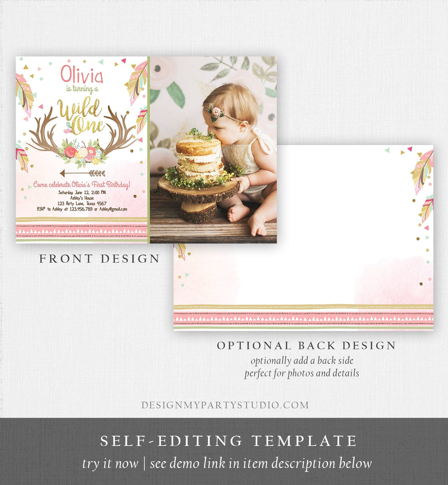 Editable Birthday Invitation Wild One Girl Antler Tribal Arrow Feathers First Birthday Pink Gold Download Printable Template Corjl 0073