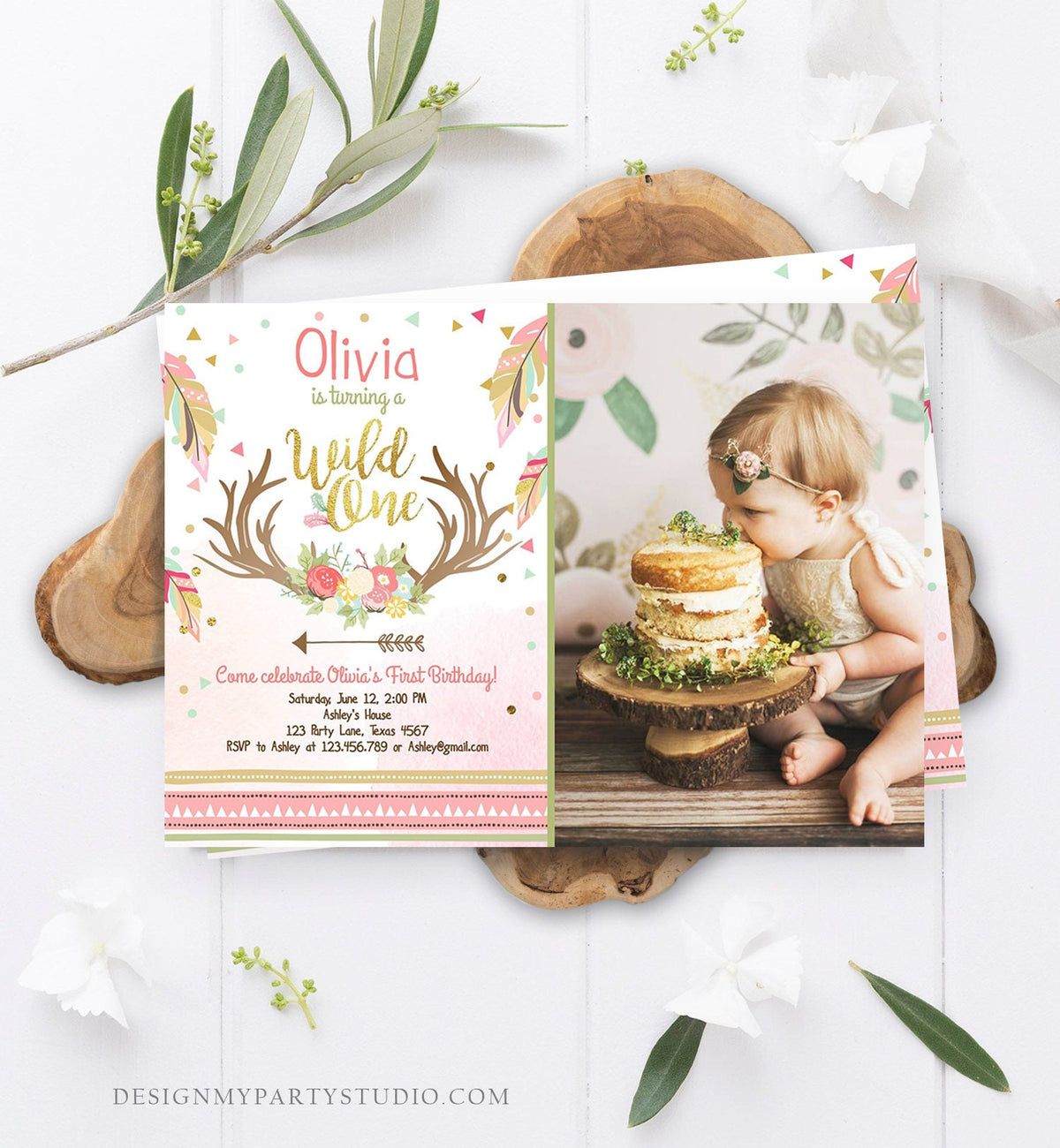 Editable Birthday Invitation Wild One Girl Antler Tribal Arrow Feathers First Birthday Pink Gold Download Printable Template Corjl 0073