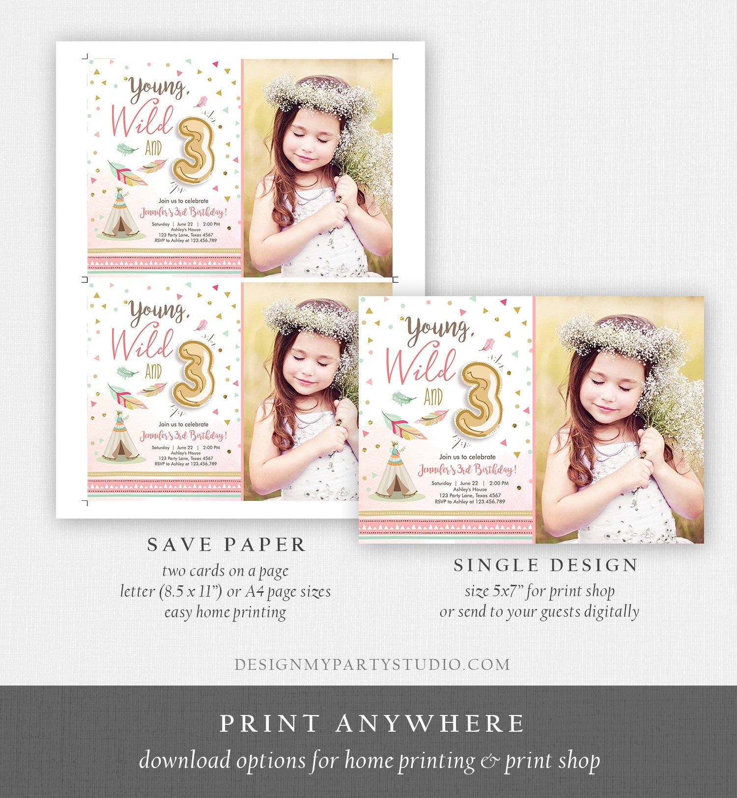 Editable Young Wild and Three Birthday Invitation Girl Pink and Gold 3rd Birthday Download Printable Invite Template Corjl Digital 0073