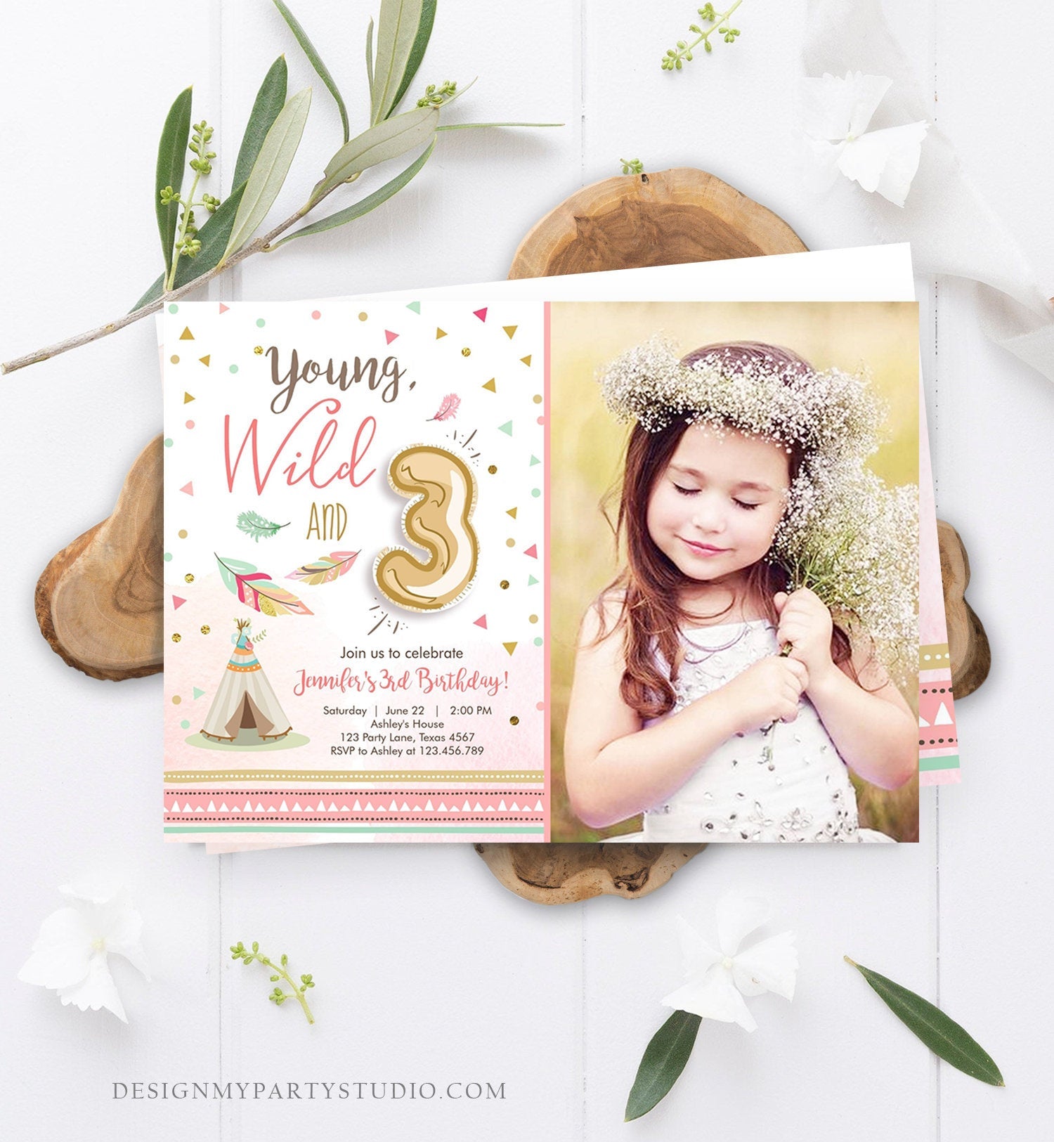 Editable Young Wild and Three Birthday Invitation Girl Pink and Gold 3rd Birthday Download Printable Invite Template Corjl Digital 0073